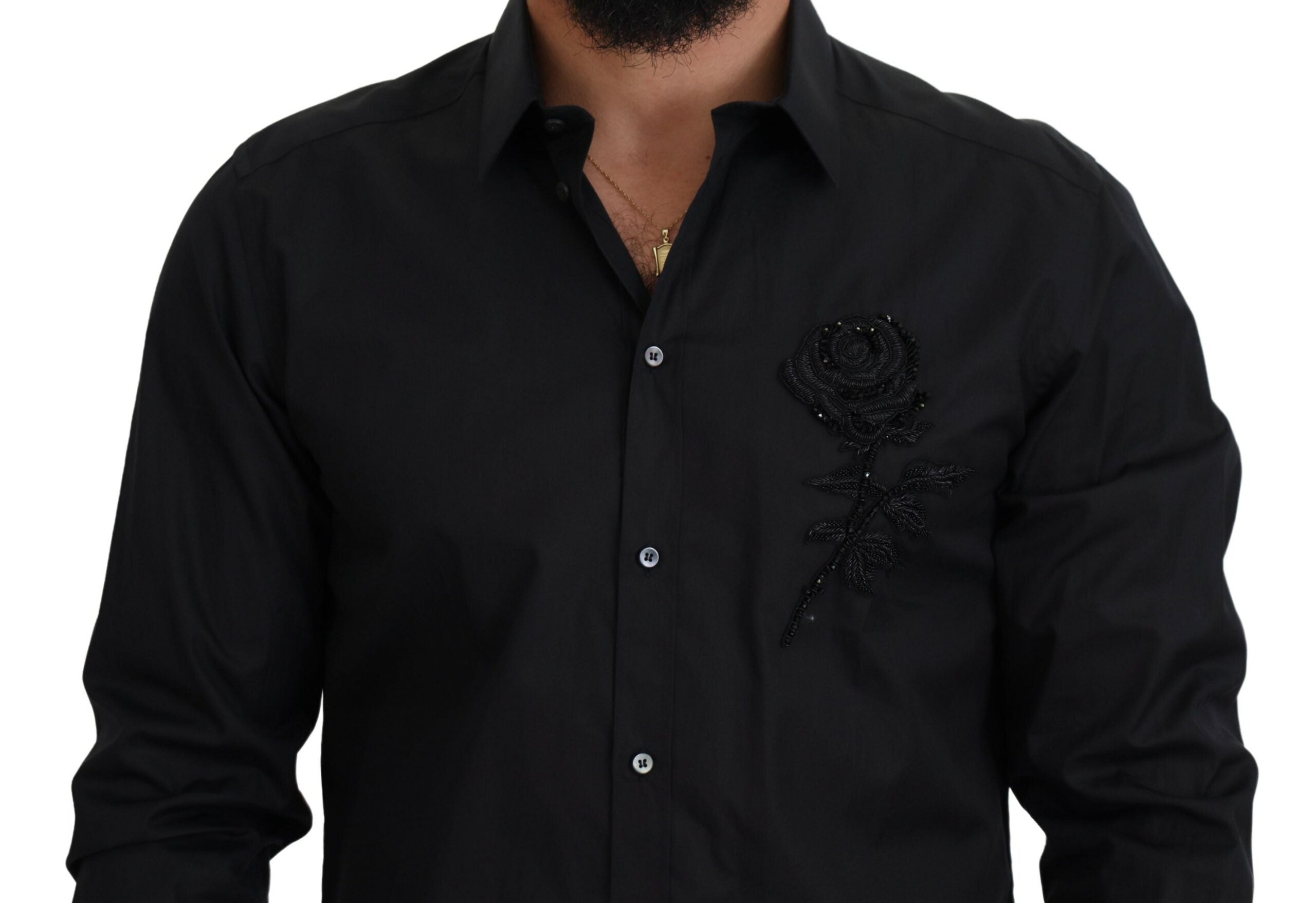 Camisa de algodón de corte entallado con rosas negras de Dolce & Gabbana-4