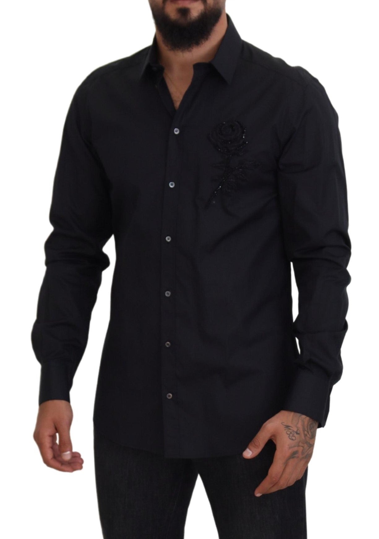 Camisa de algodón de corte entallado con rosas negras de Dolce & Gabbana-5
