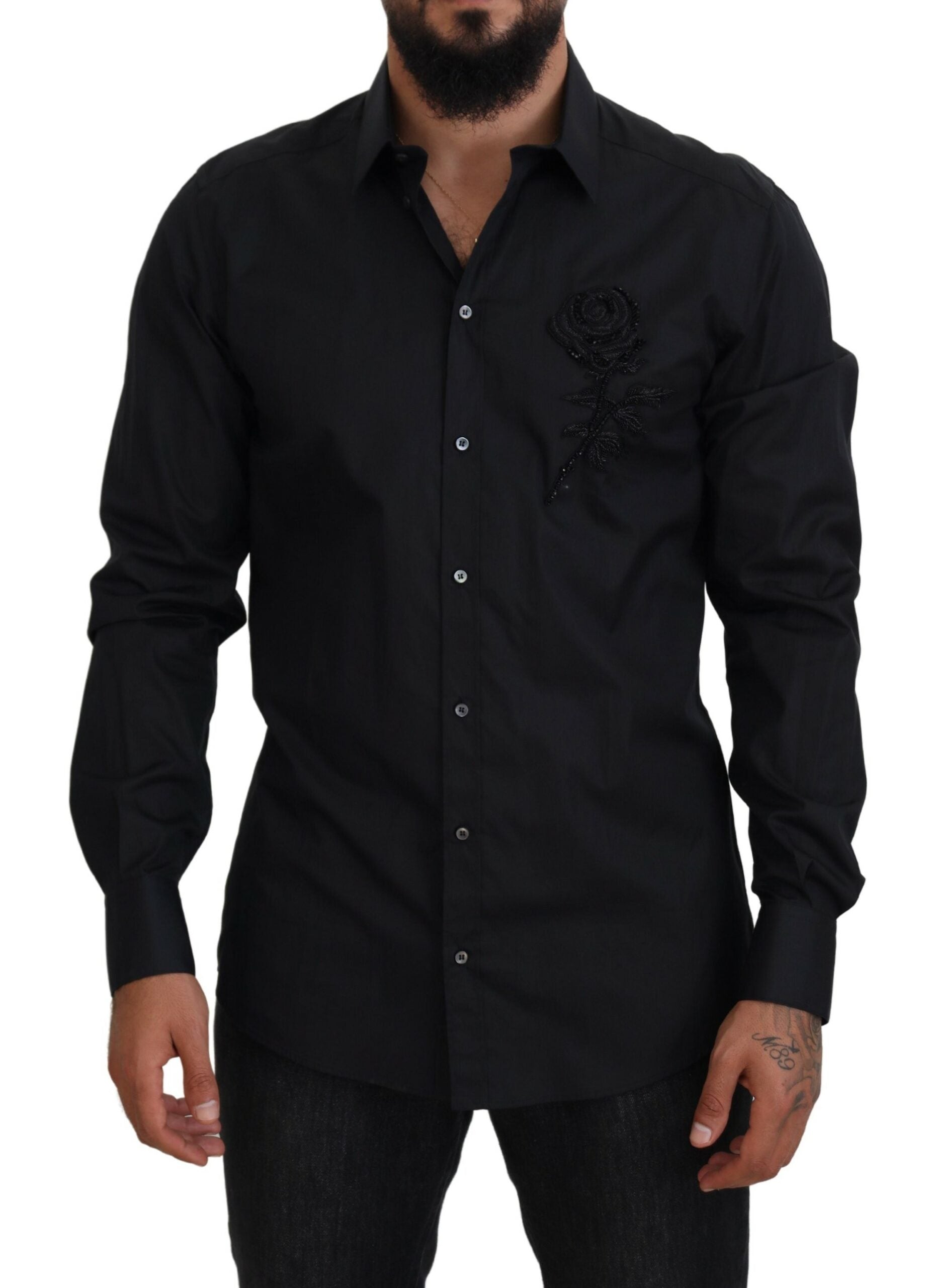 Camisa de algodón de corte entallado con rosas negras de Dolce & Gabbana-1