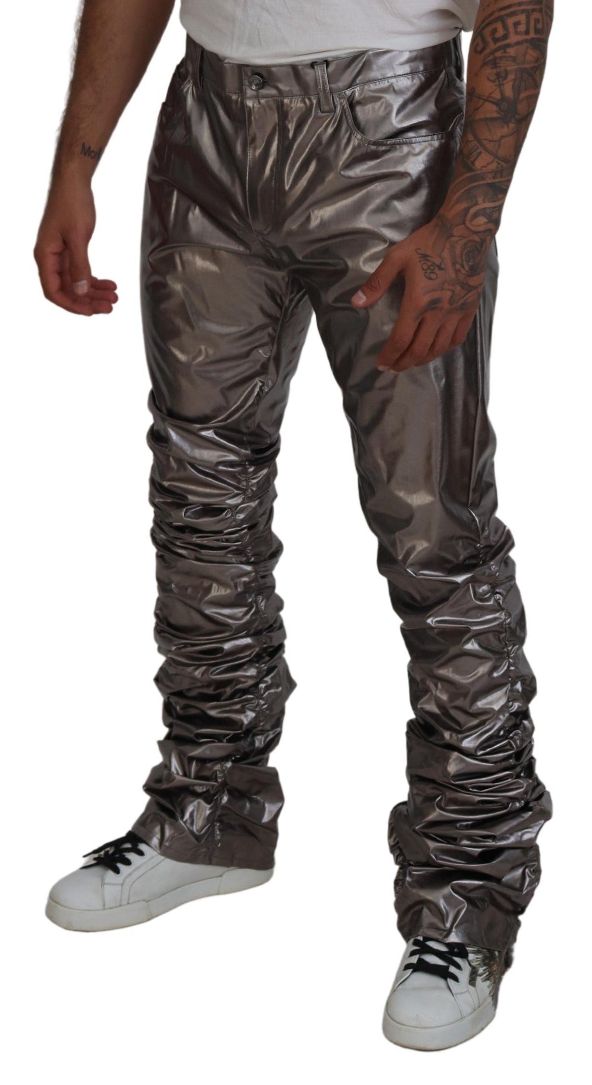 Dolce & Gabbana Silver Metallic Nylon Stretch Trousers-4