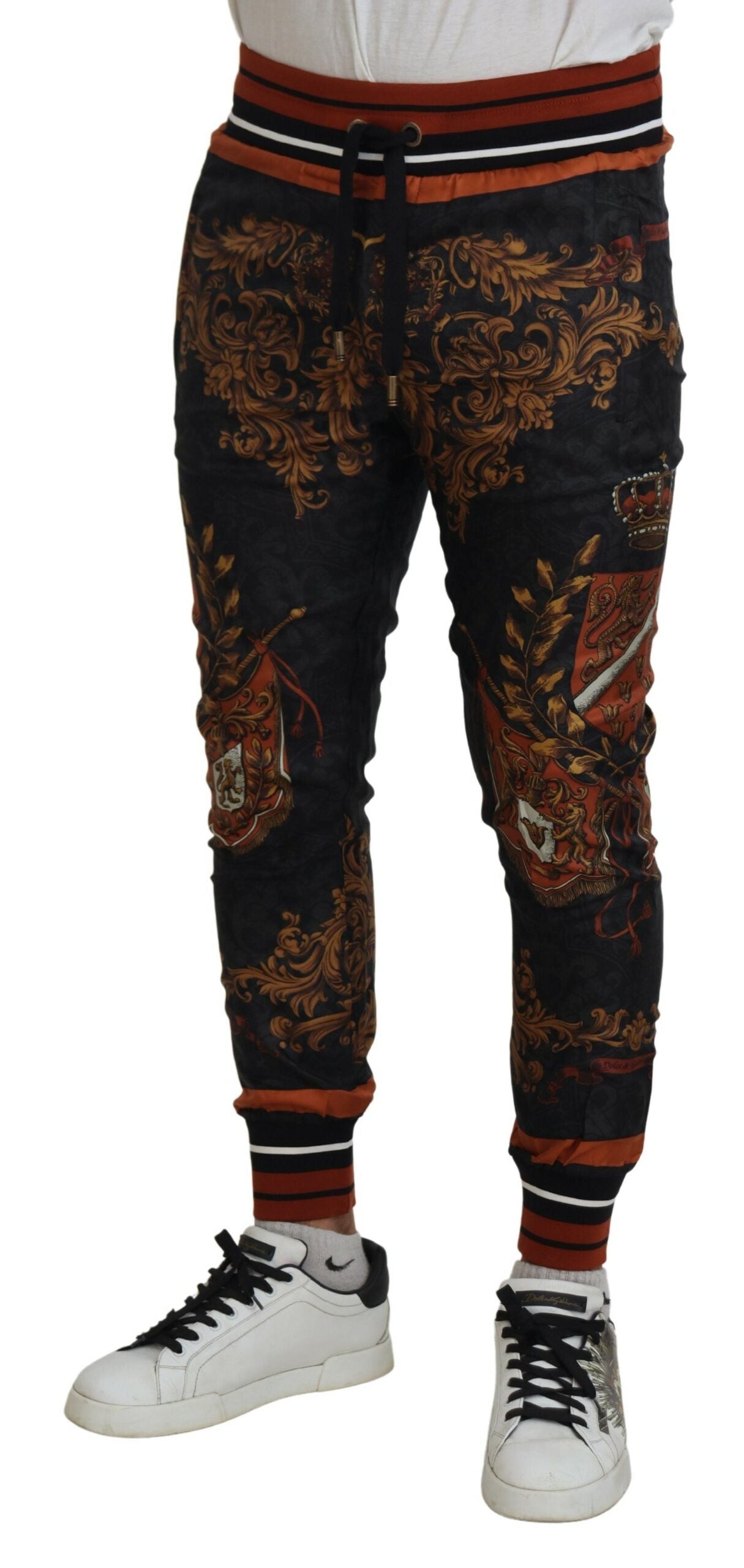 Dolce & Gabbana Grey Silk Baroque Crown Trousers Sports Trousers-2