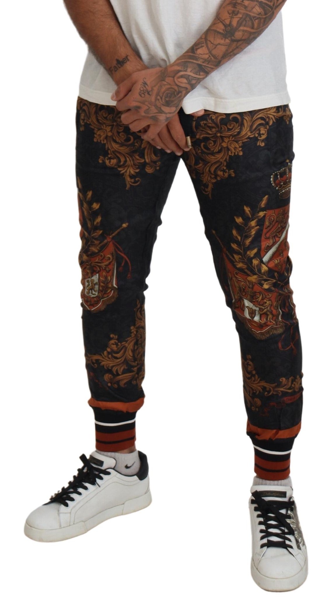Dolce & Gabbana Grey Silk Baroque Crown Trousers Sports Trousers-4