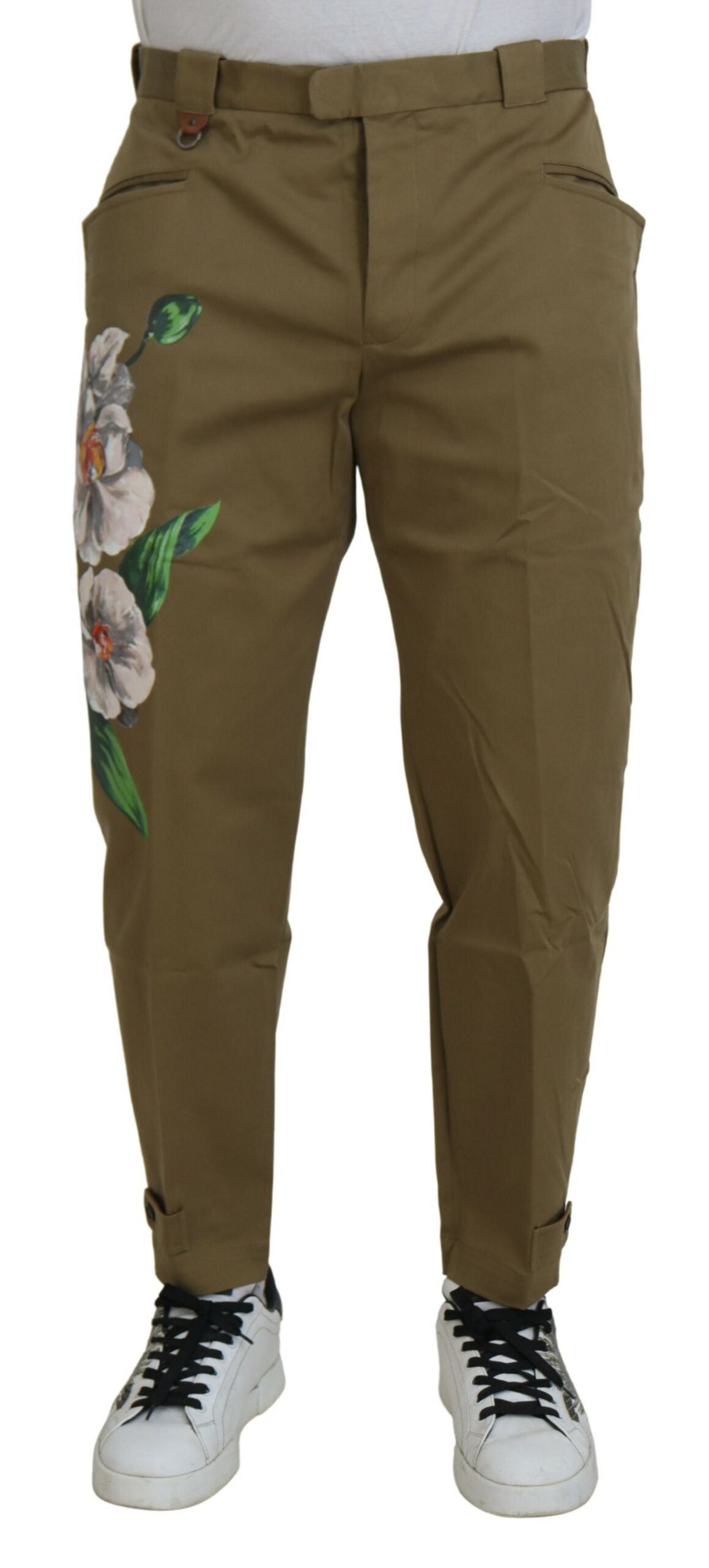Dolce & Gabbana beige stretch chinos in cotton with floral pattern-1