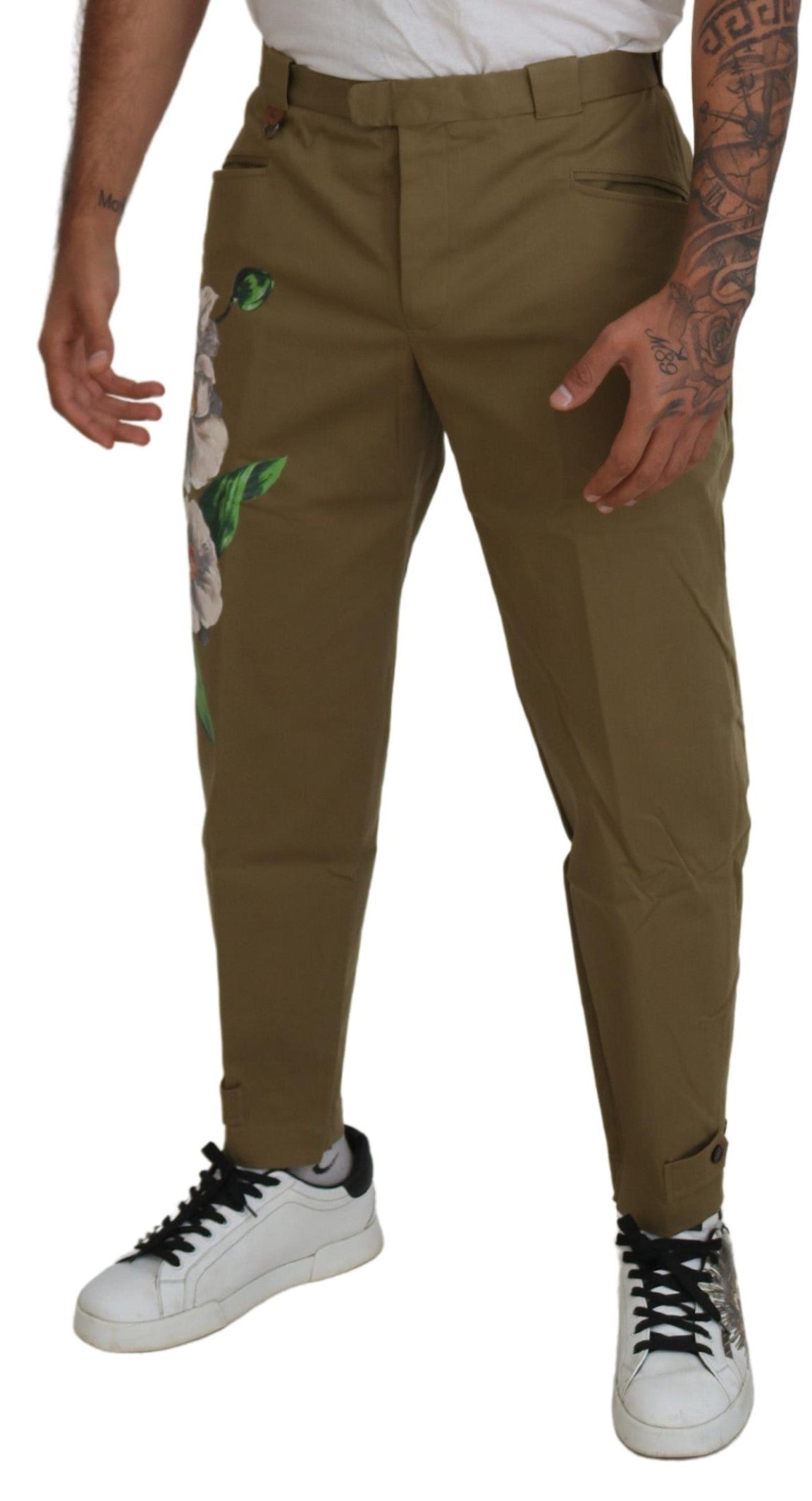 Dolce & Gabbana beige stretch chinos in cotton with floral pattern-4