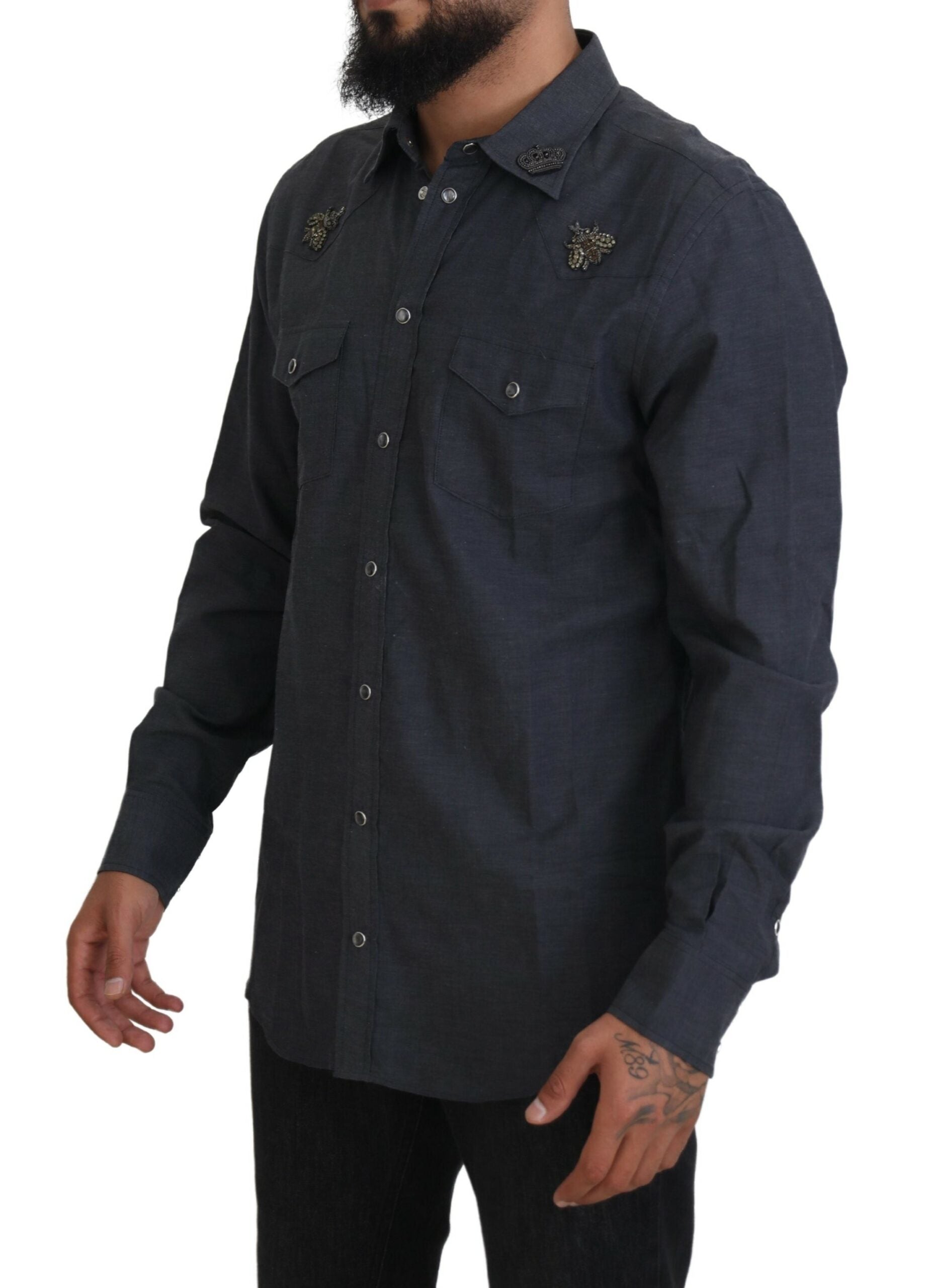 Dolce & Gabbana Blue Cotton Denim Crystal Bee Shirt-2