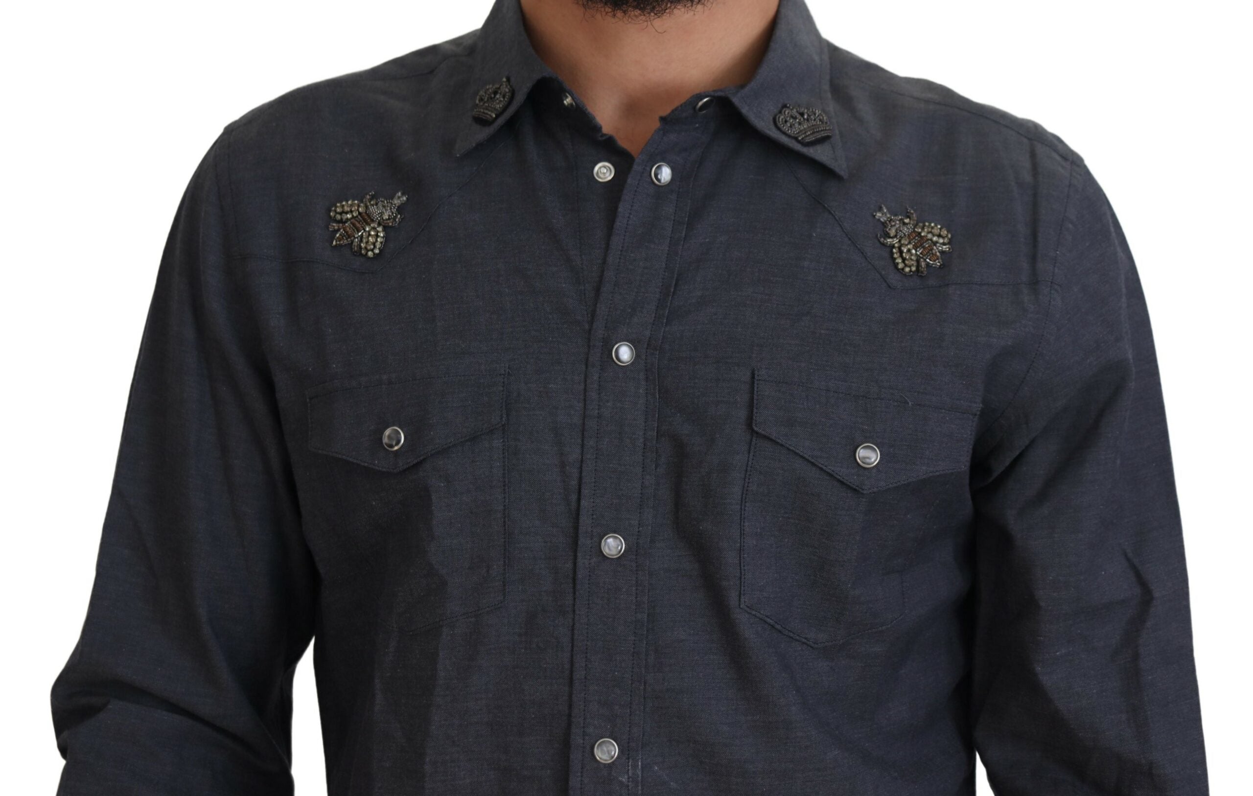 Dolce & Gabbana Blue Cotton Denim Crystal Bee Shirt-4