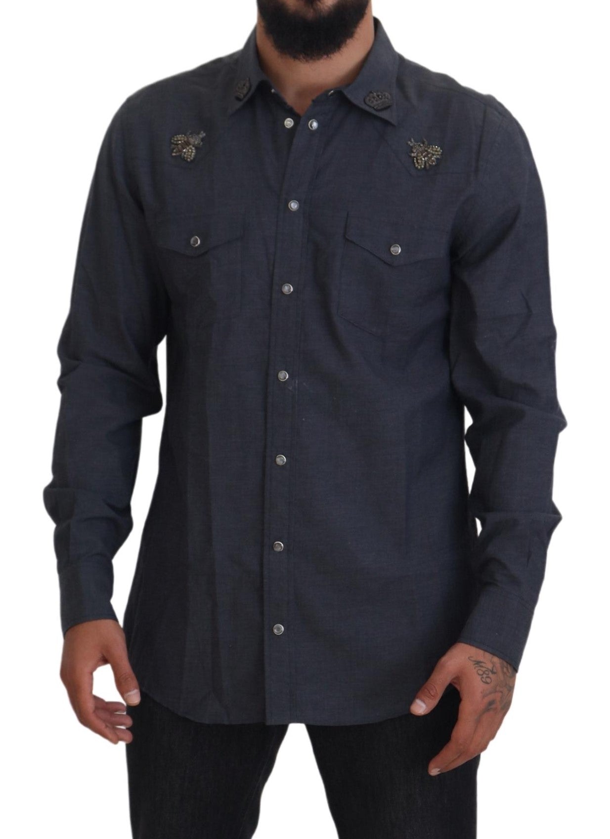 Dolce & Gabbana Blue Cotton Denim Crystal Bee Shirt-5