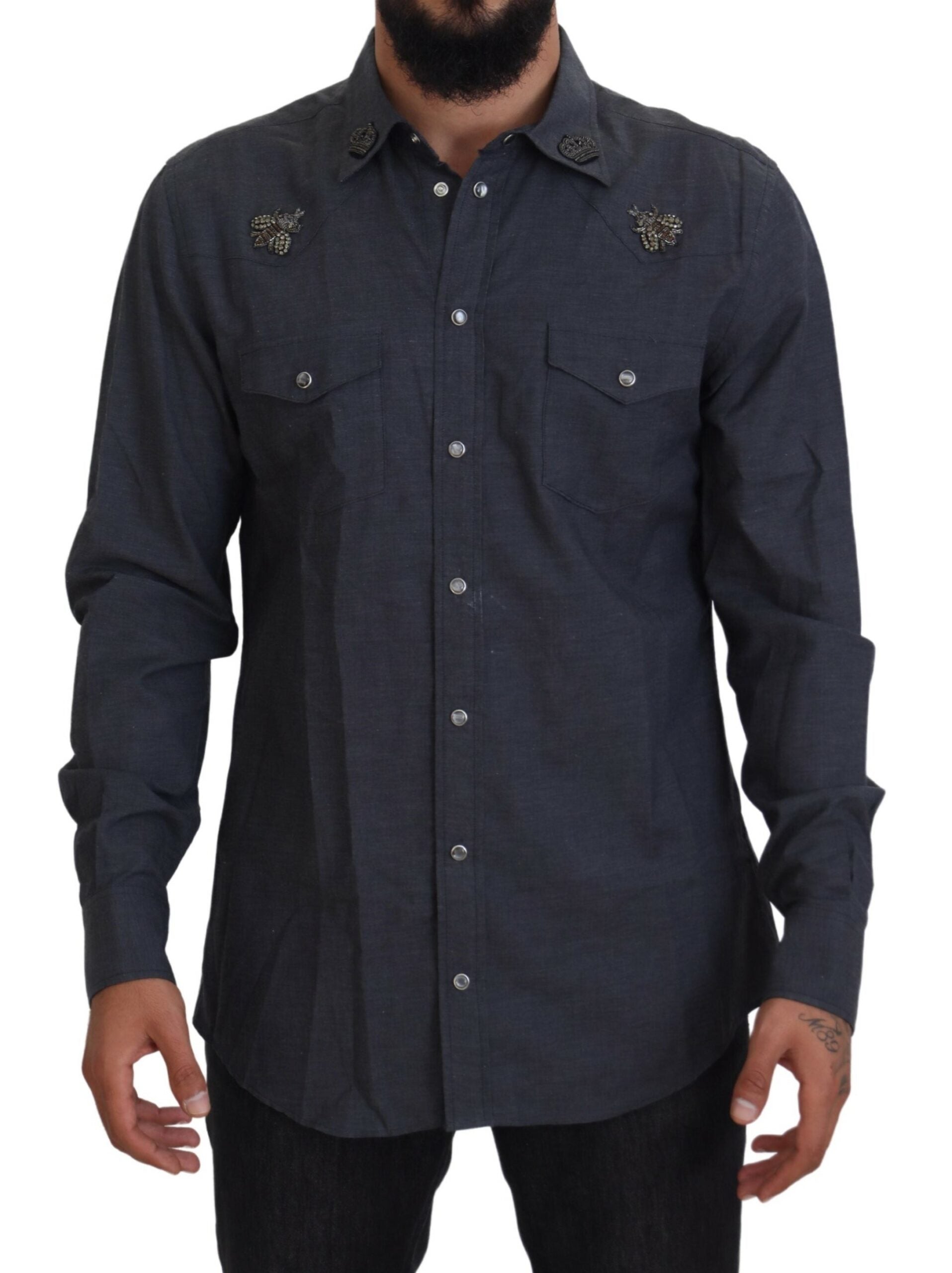 Dolce & Gabbana Blue Cotton Denim Crystal Bee Shirt-1