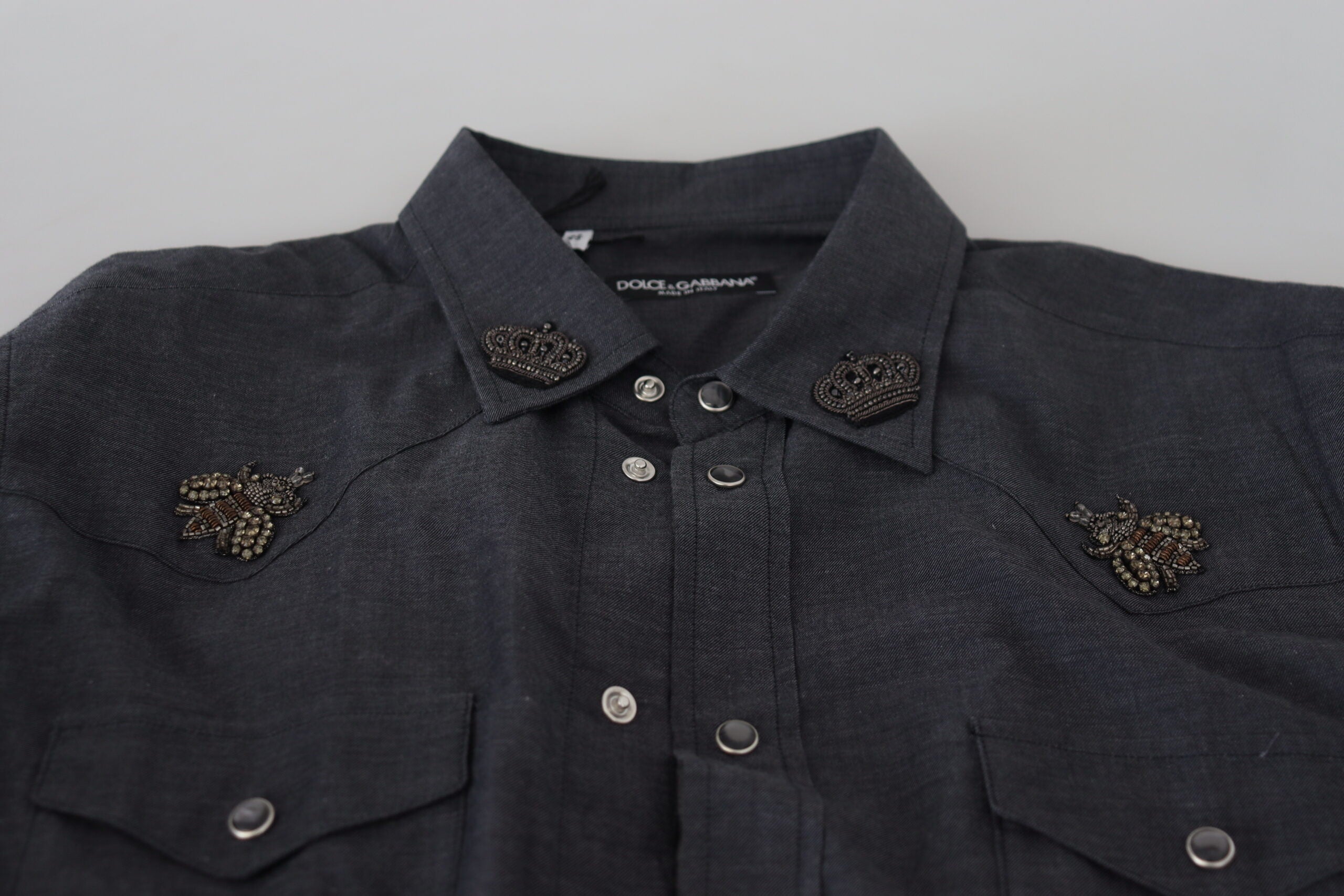 Dolce & Gabbana Blue Cotton Denim Crystal Bee Shirt-6