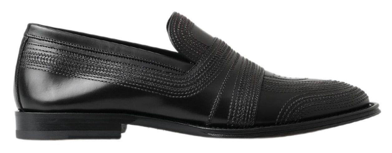 Dolce & Gabbana Black Leather Slip-on Loafers Stitched Shoes