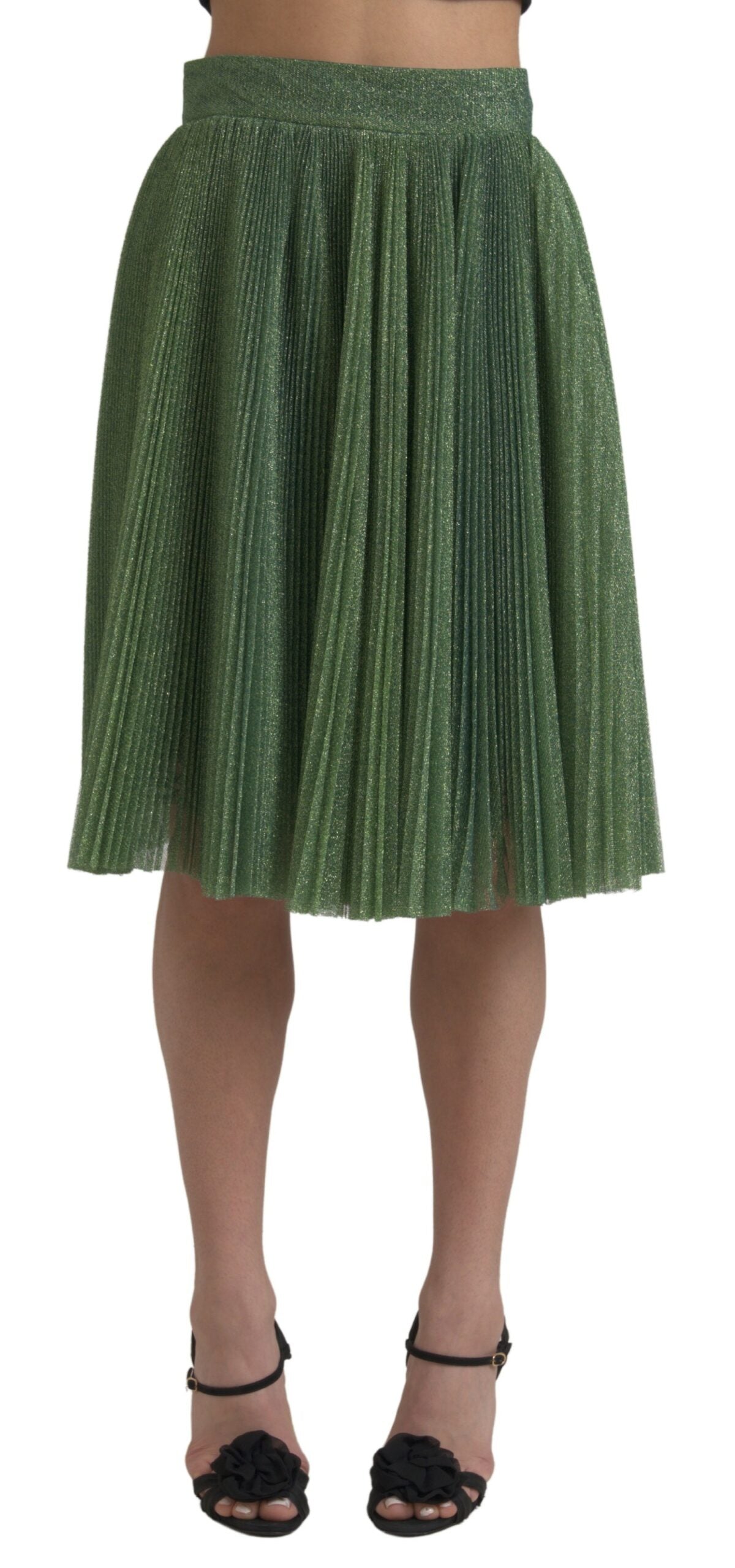Dolce & Gabbana Green Metallic Pleated Skirt with High Waist and Pleats