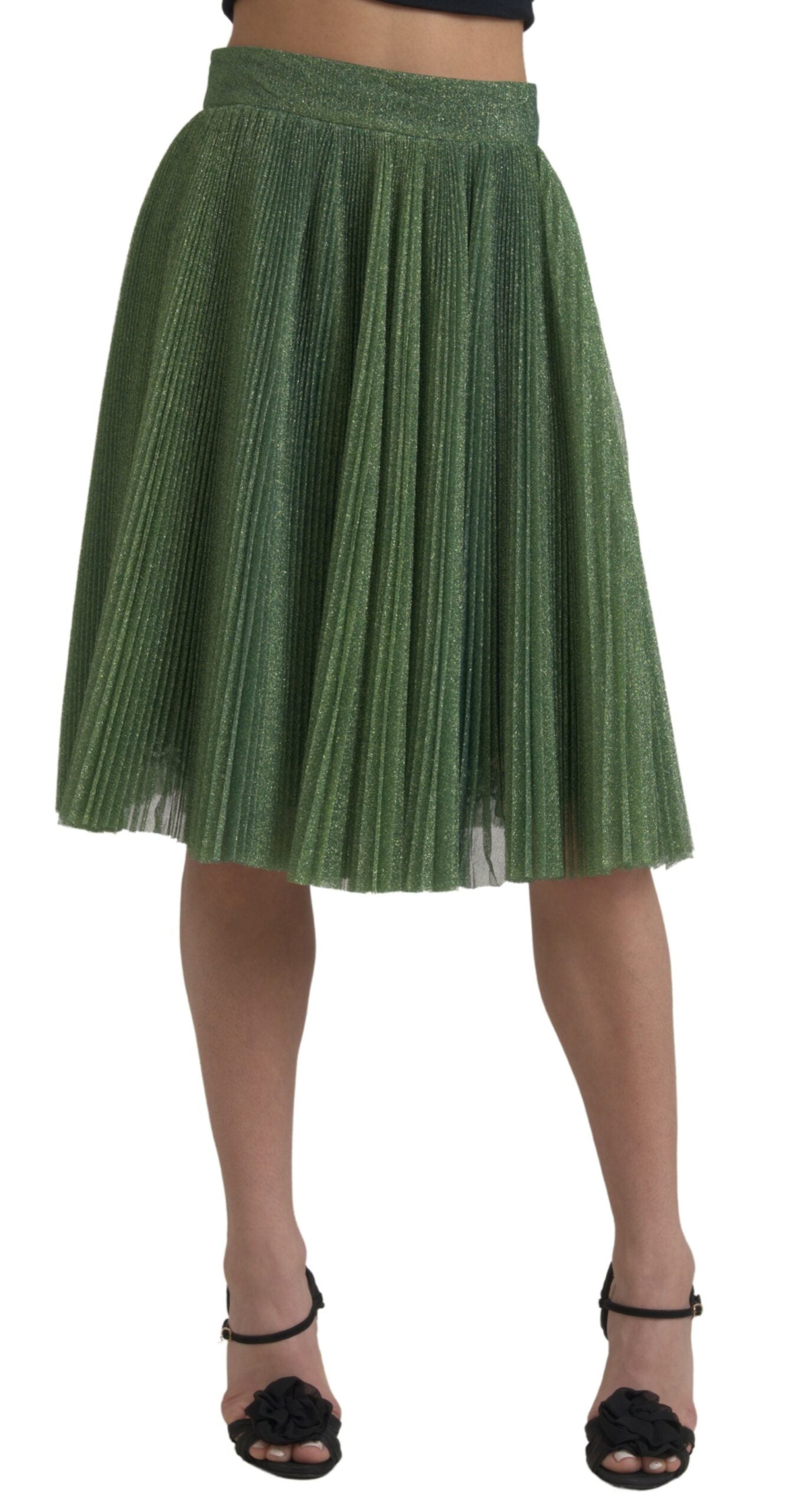 Dolce & Gabbana Green Metallic Pleated Skirt with High Waist and Pleats-2