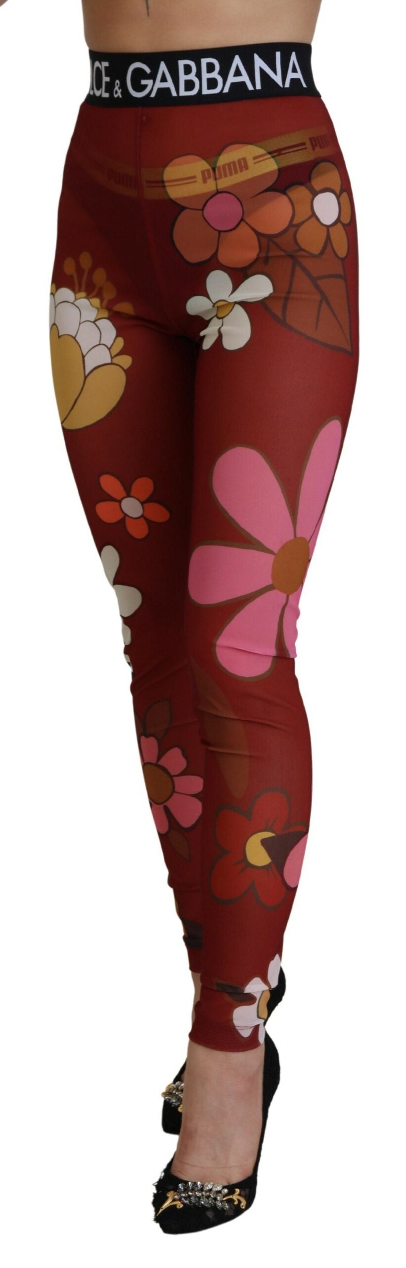 Dolce & Gabbana Red Floral Leggings Stretch Waist Pants-2