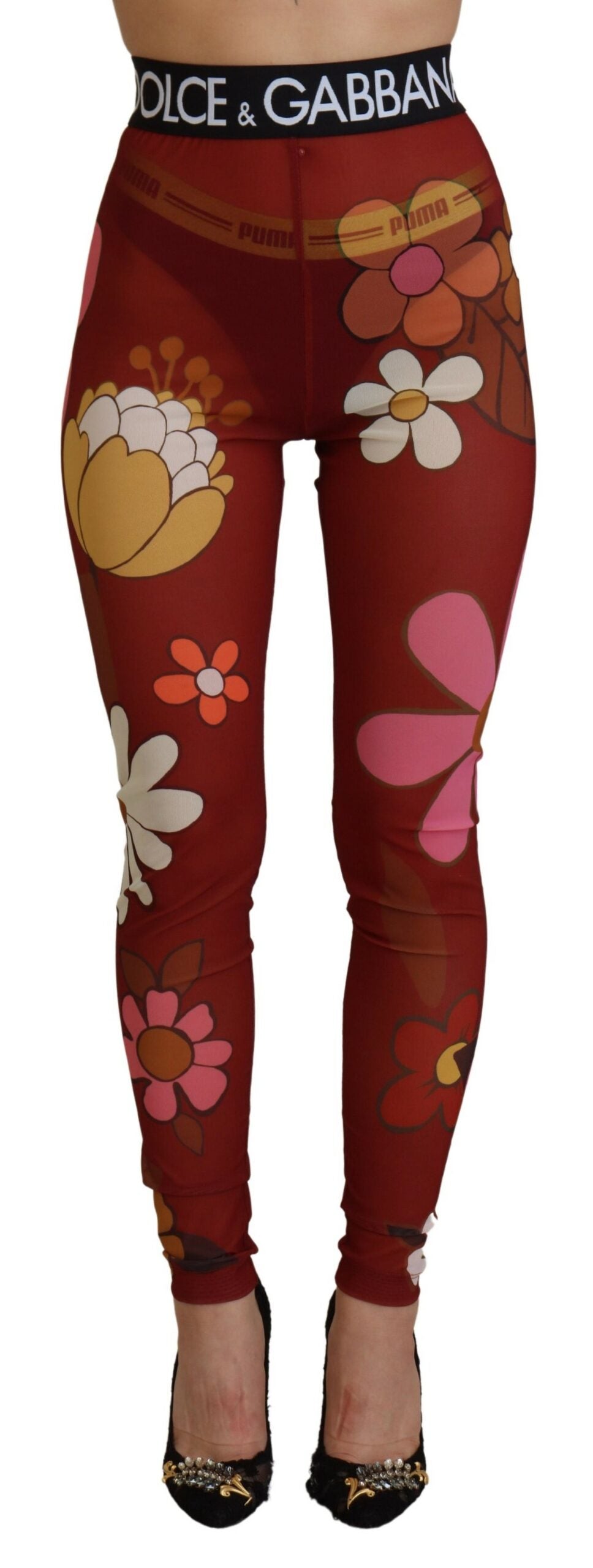 Dolce & Gabbana Red Floral Leggings Stretch Waist Pants-1