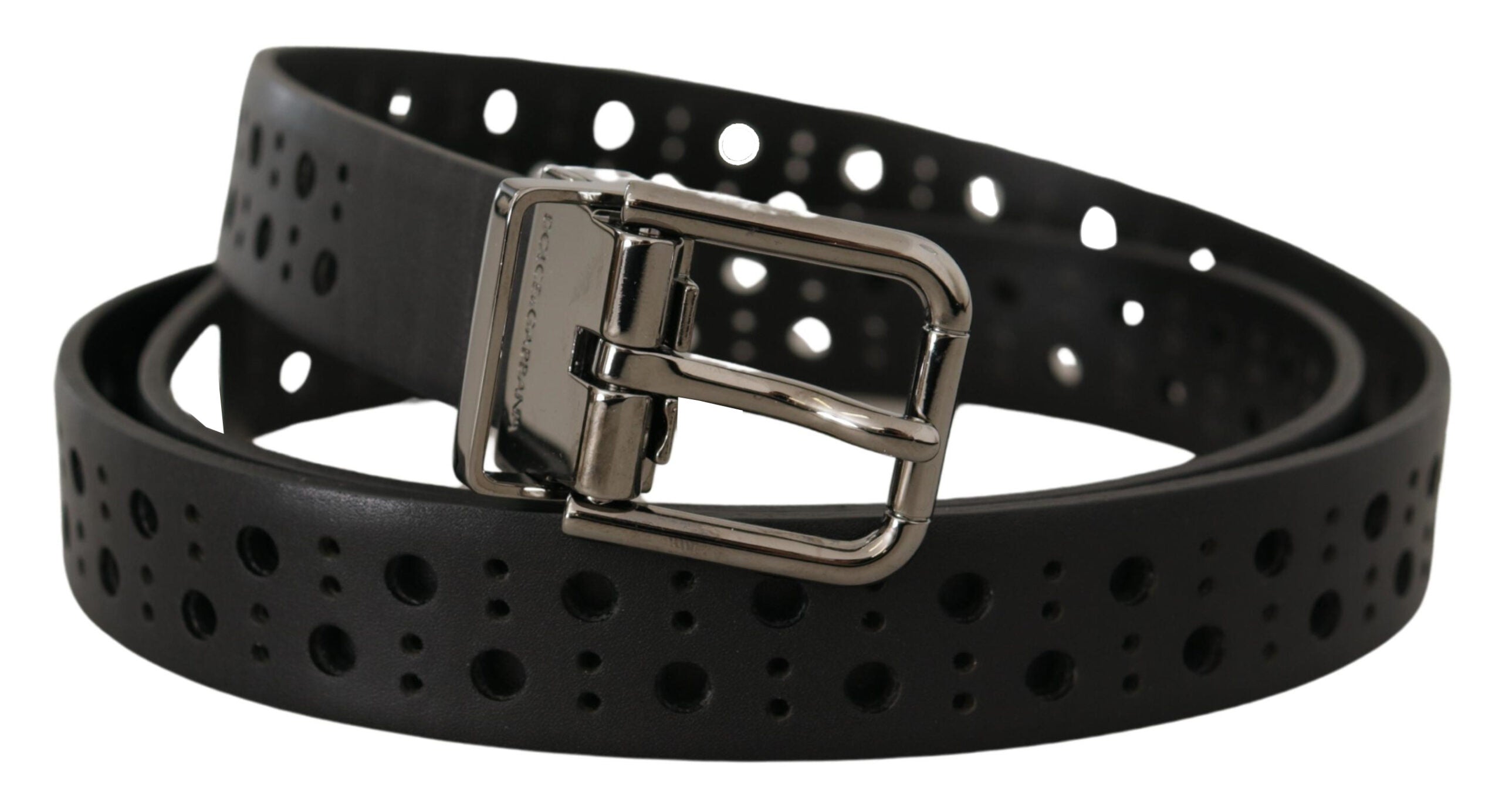 Dolce & Gabbana Black Calfskin Perforated Metal Buckle Belt-2