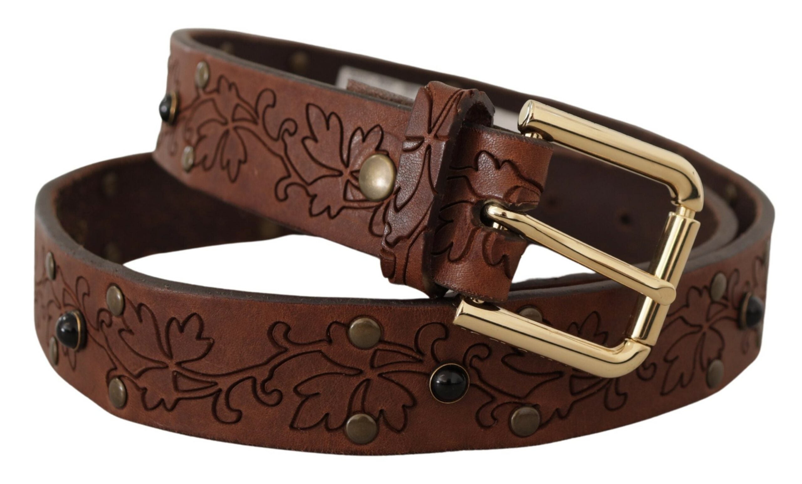 Dolce & Gabbana brown leather belt with floral metal buckle and studs-3