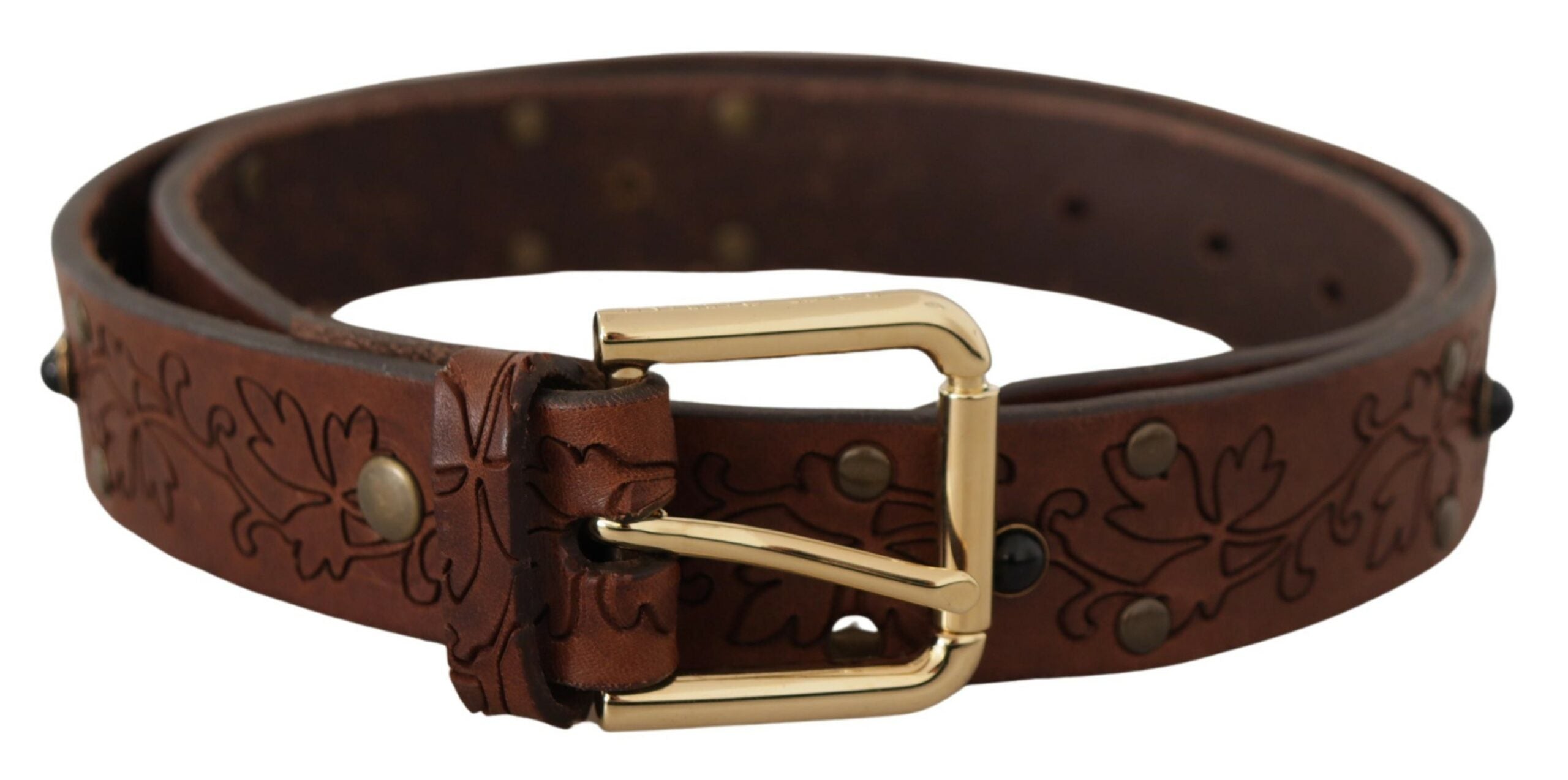 Dolce & Gabbana brown leather belt with floral metal buckle and studs-1