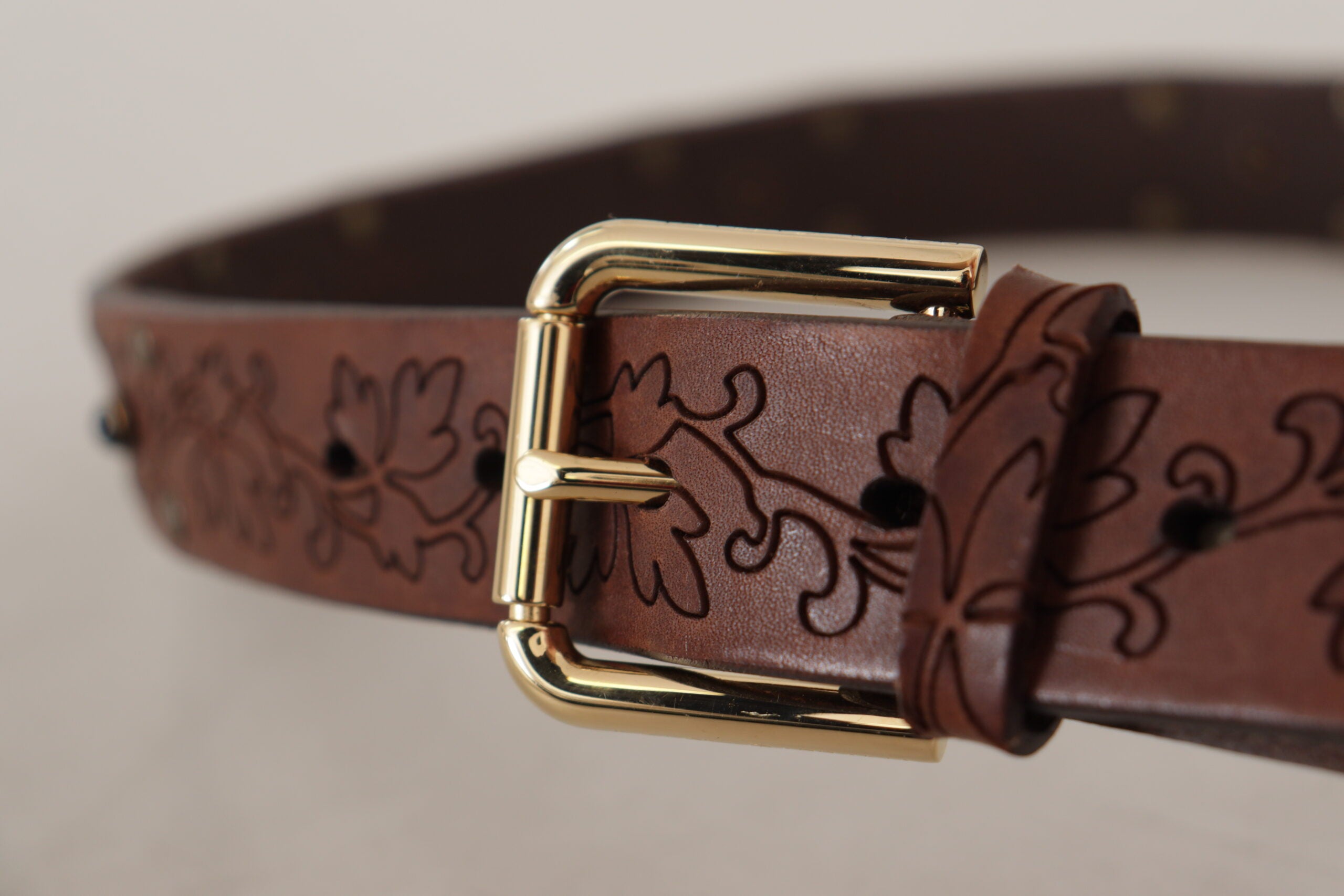 Dolce & Gabbana brown leather belt with floral metal buckle and studs-4