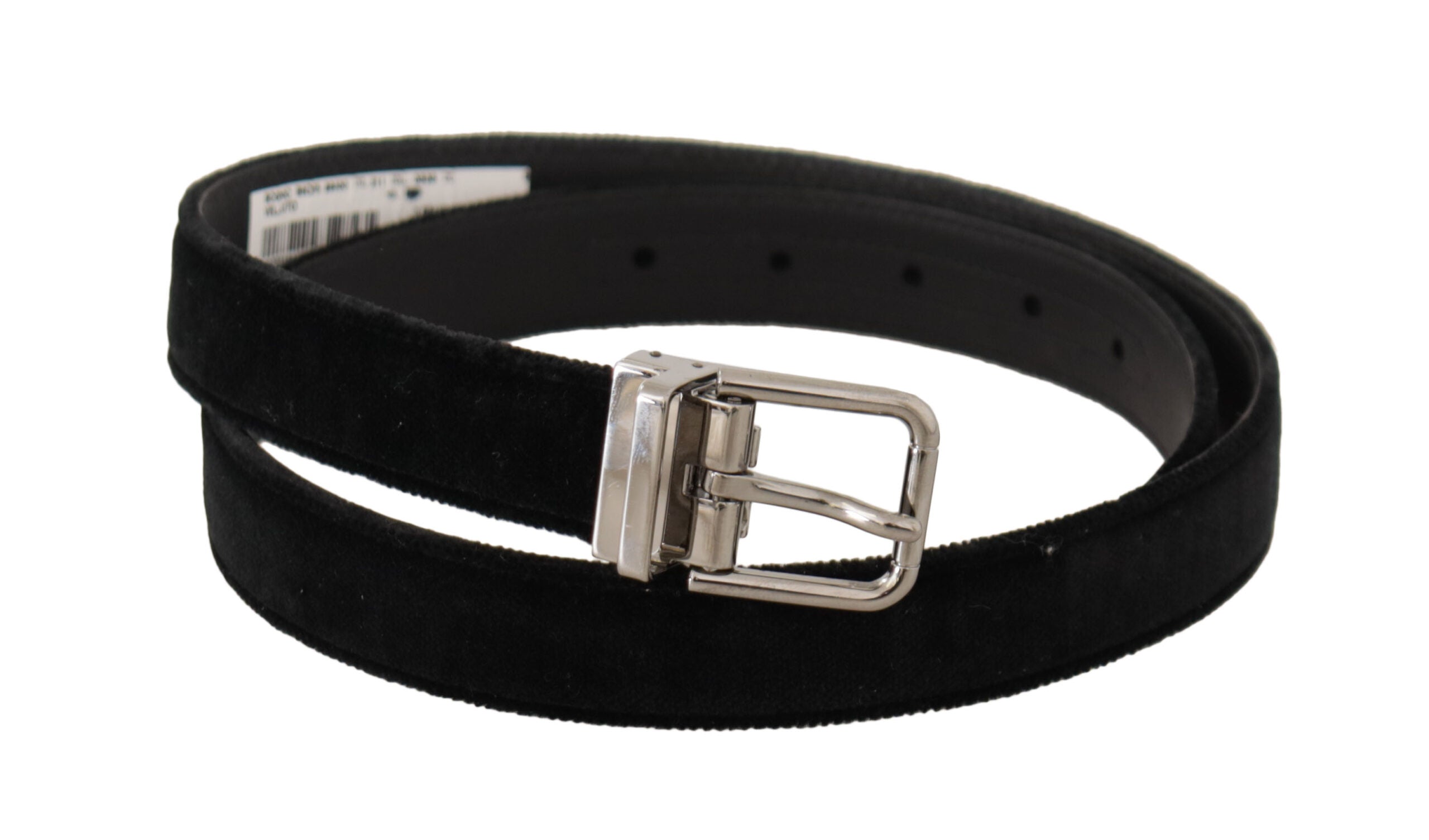 Dolce & Gabbana black casual velvet belt with silver metal logo buckle-2