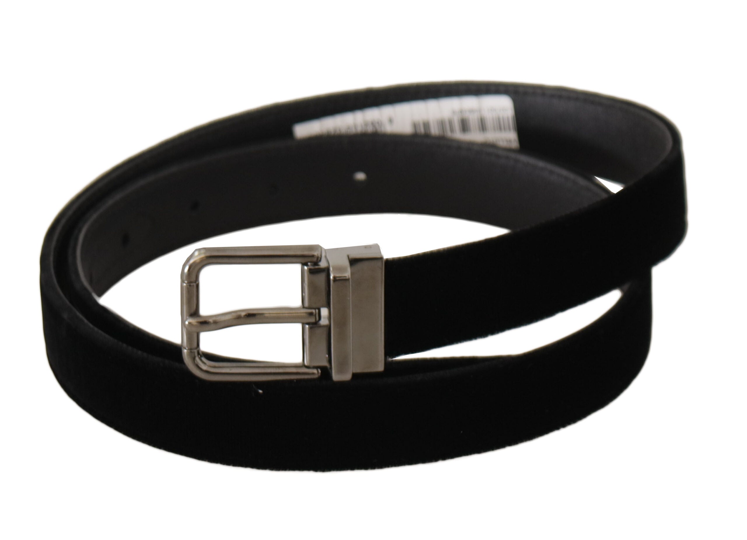 Cinturón clásico de terciopelo negro de Dolce & Gabbana con logotipo grabado y hebilla de metal.-2