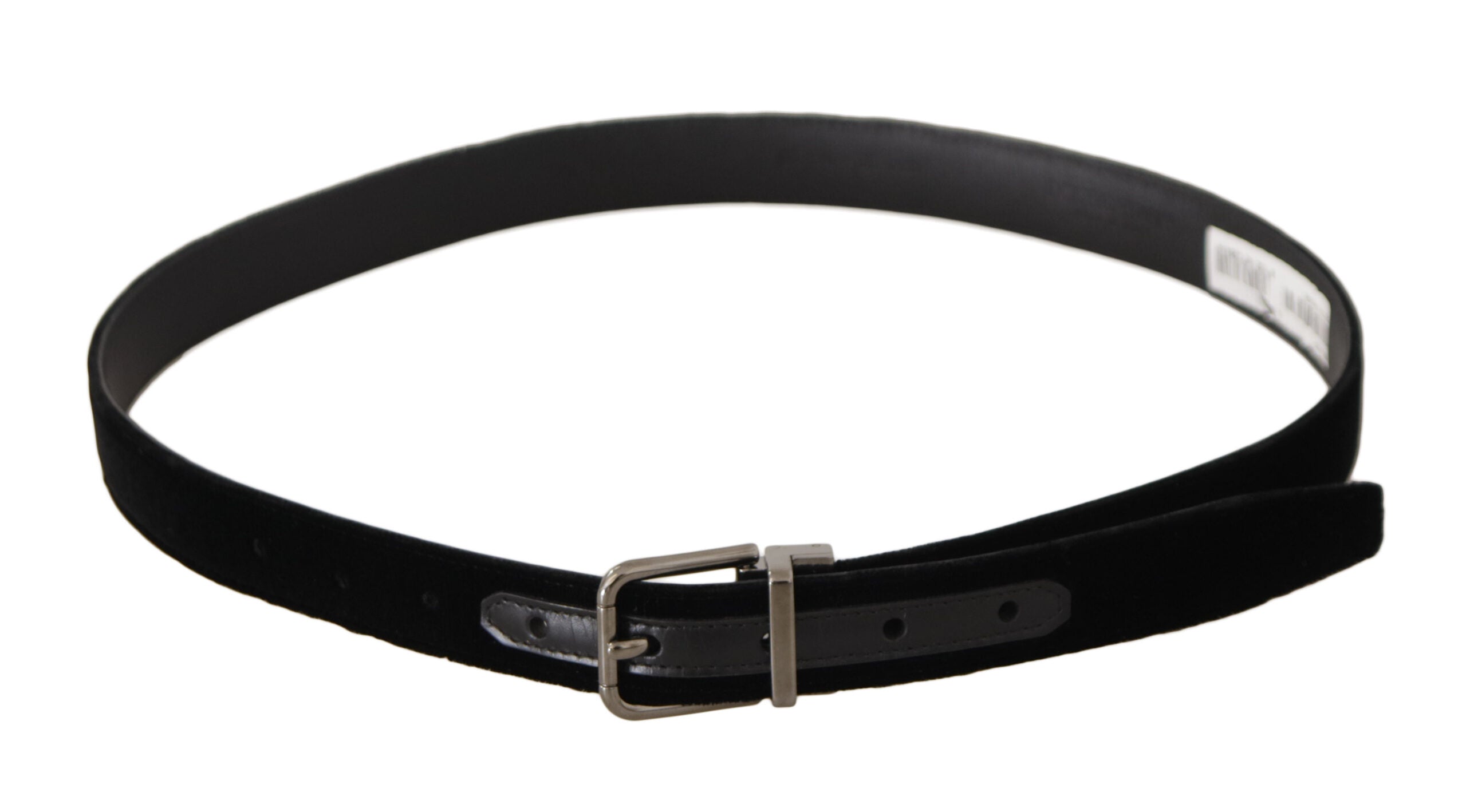 Cinturón clásico de terciopelo negro de Dolce & Gabbana con logotipo grabado y hebilla de metal.-3