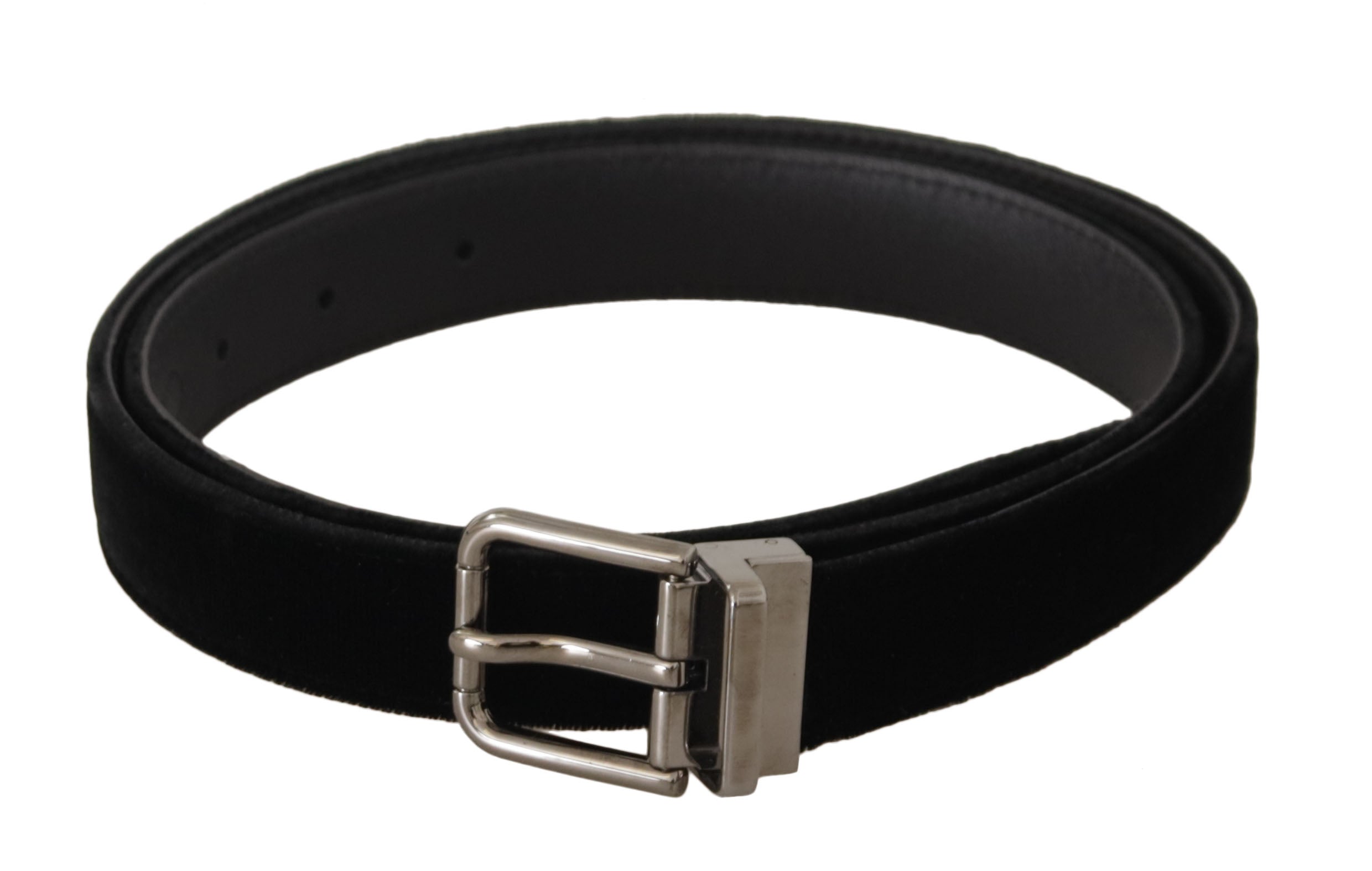 Cinturón clásico de terciopelo negro de Dolce & Gabbana con logotipo grabado y hebilla de metal.-1