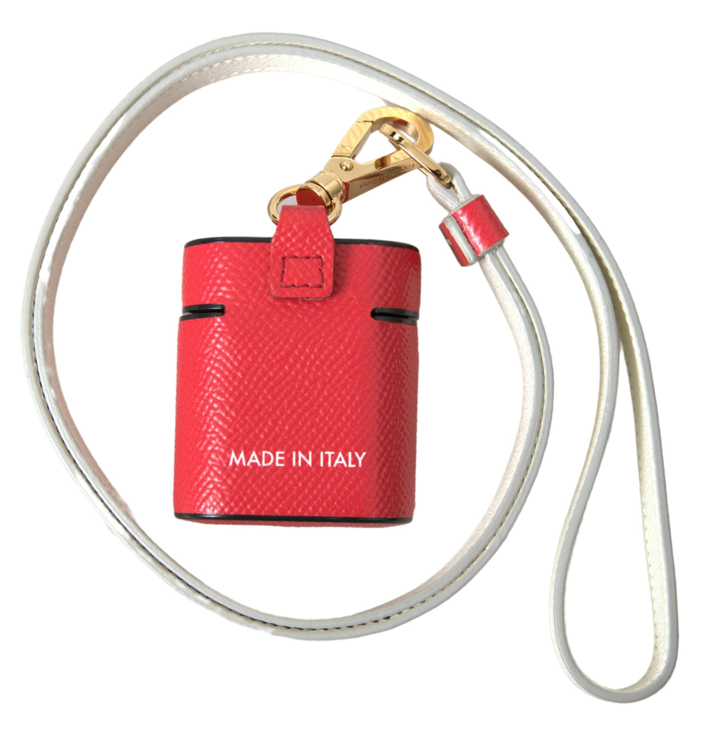 Dolce & Gabbana Red Leather Gold-Tone Metal Logo Print Strap AirPods Case-2