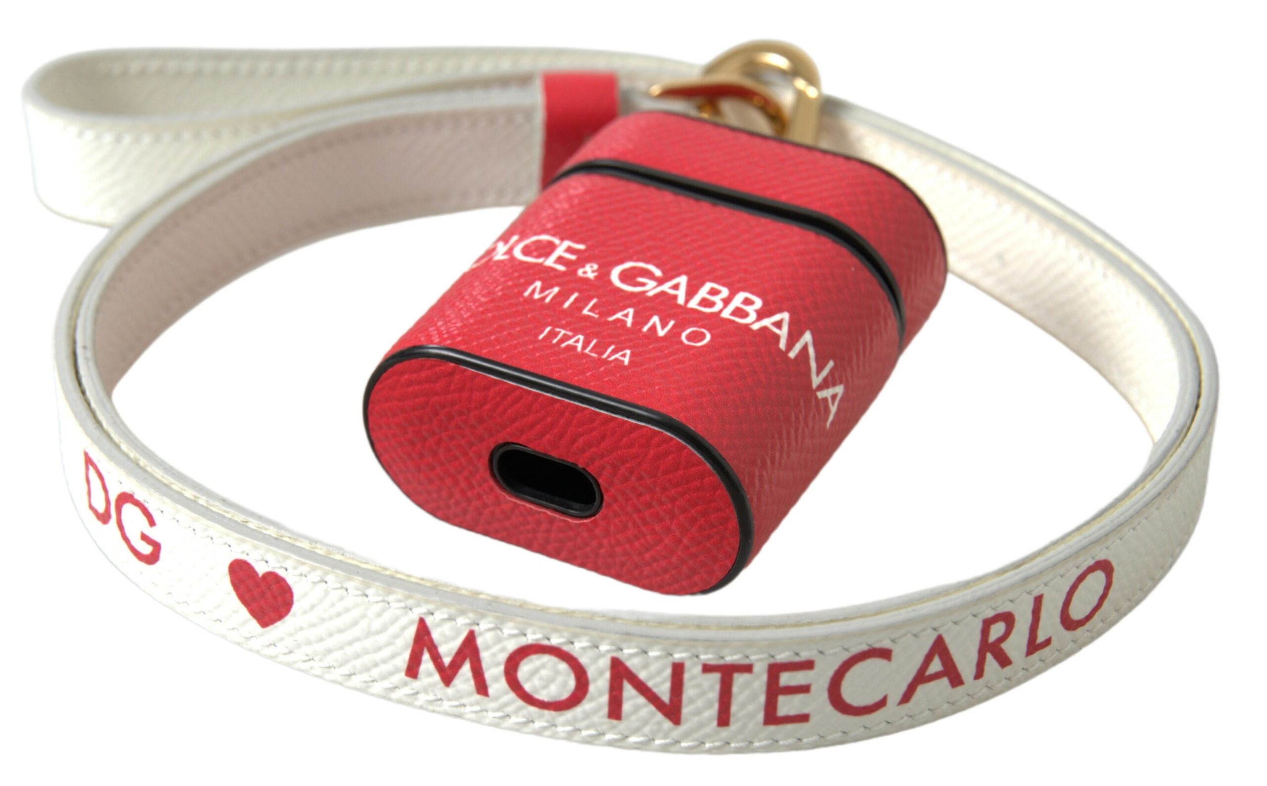 Dolce & Gabbana Red Leather Gold-Tone Metal Logo Print Strap AirPods Case-3