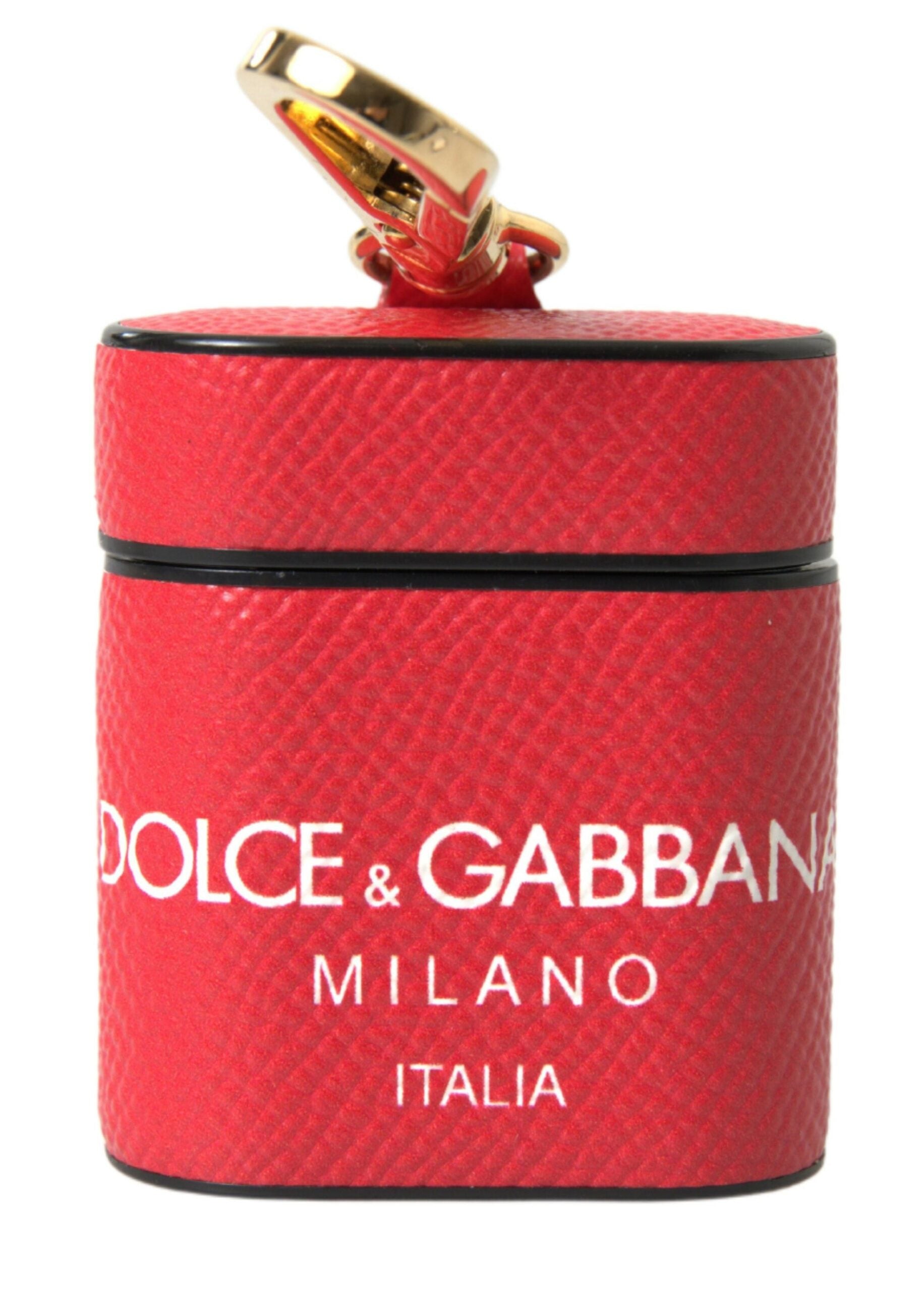 Dolce & Gabbana Red Leather Gold-Tone Metal Logo Print Strap AirPods Case-1
