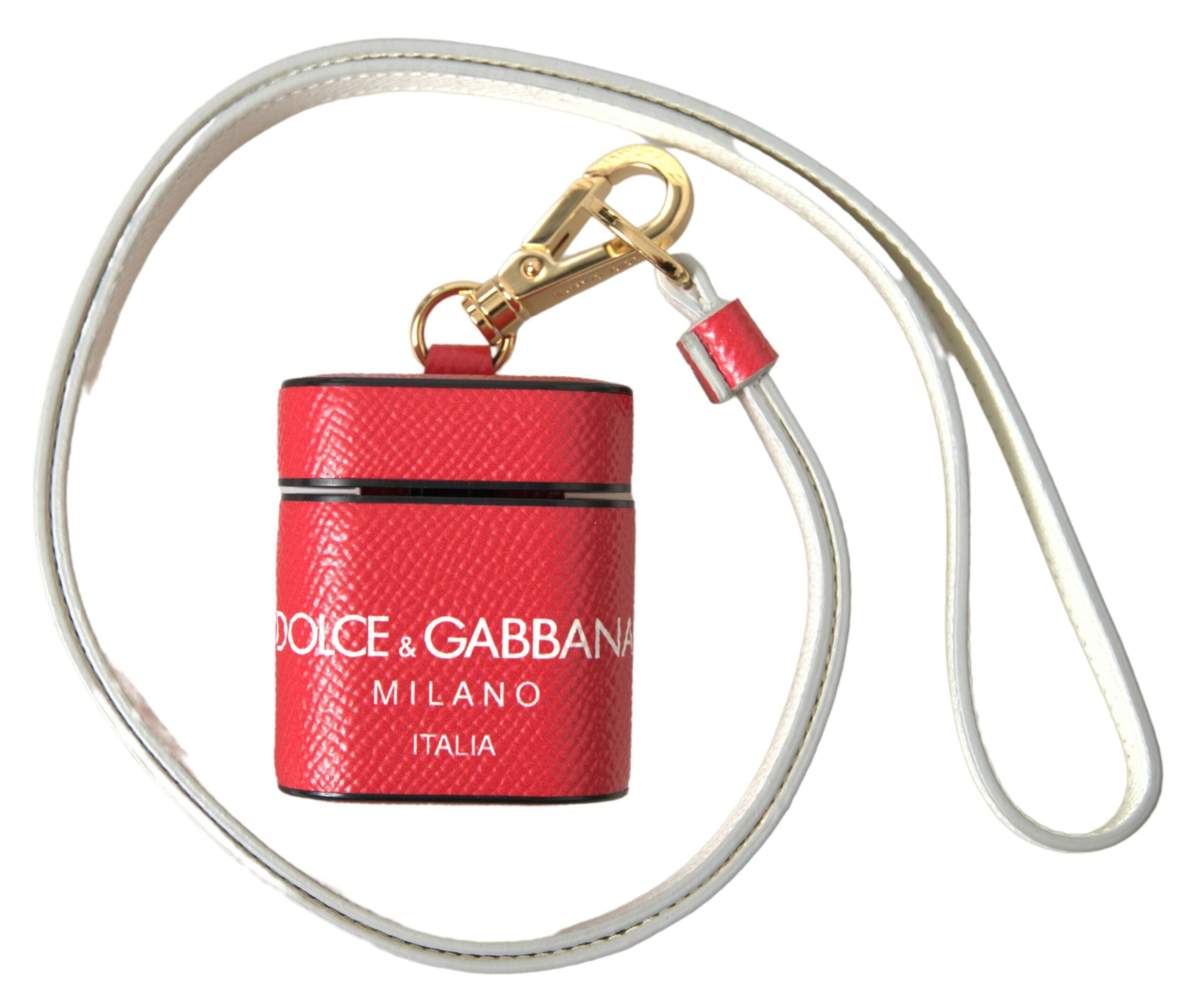 Dolce & Gabbana Red Leather Gold-Tone Metal Logo Print Strap AirPods Case-4