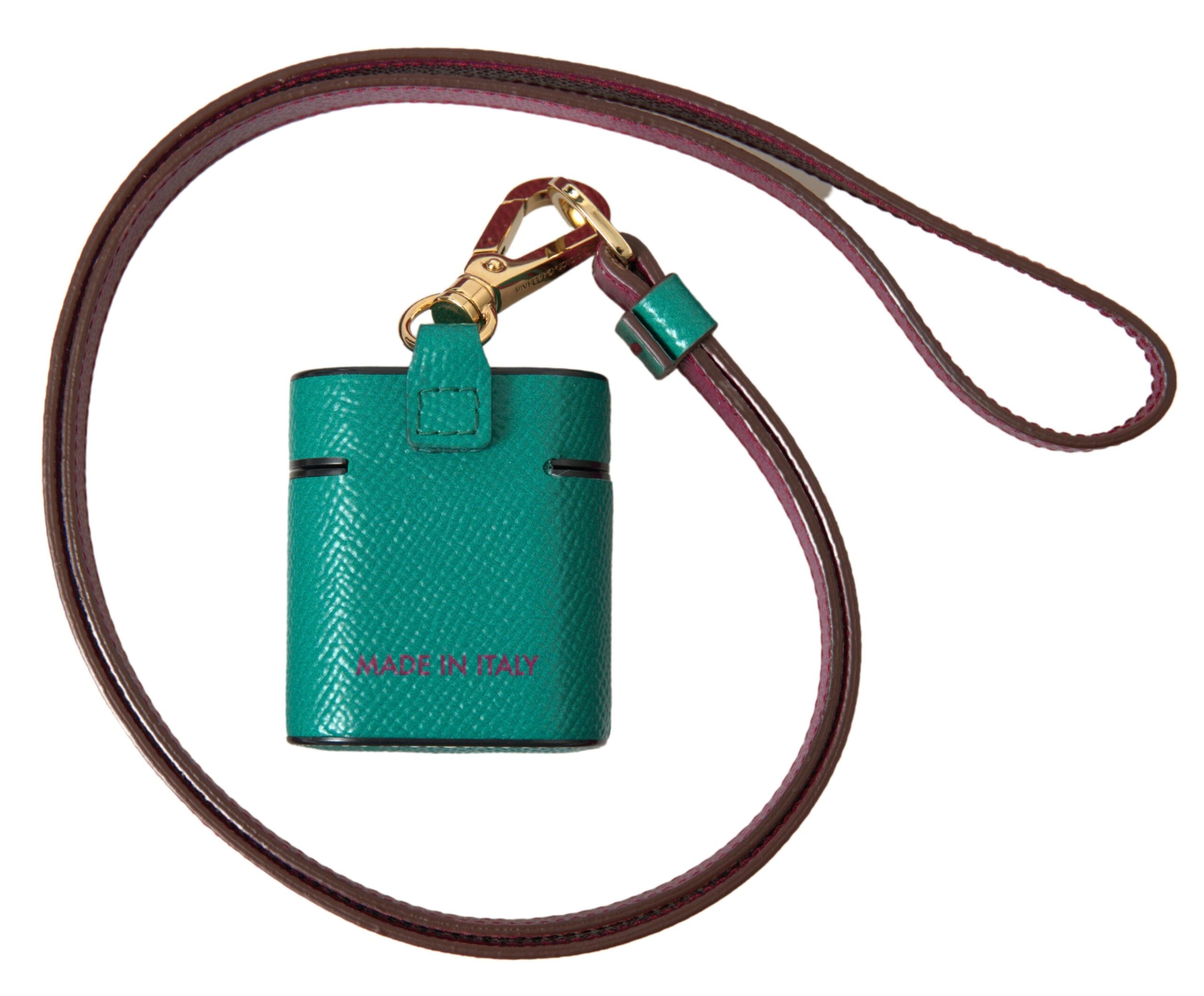 Estuche para AirPods con correa de piel de becerro verde y marrón castaño de Dolce & Gabbana con estampado del logotipo-2