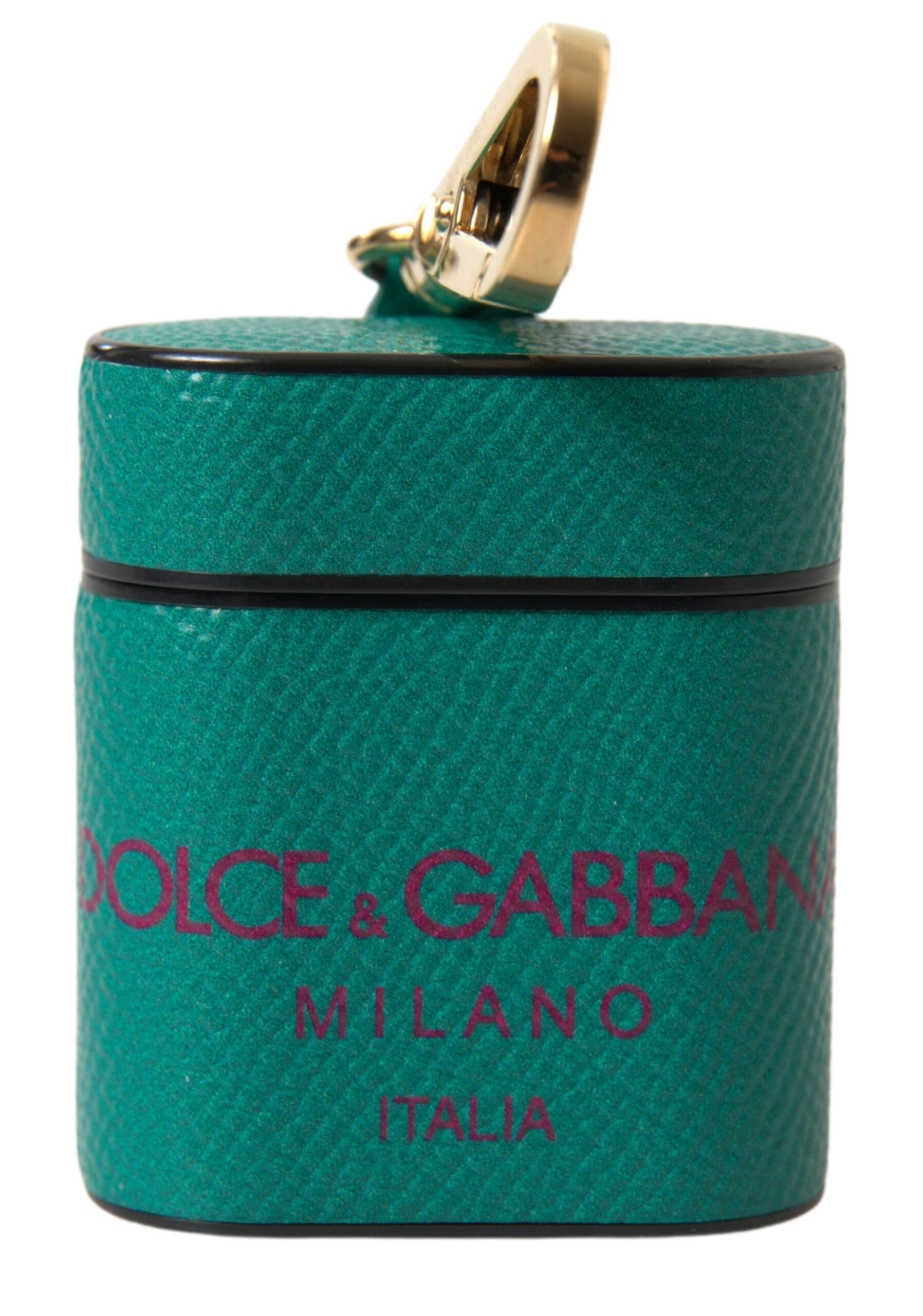 Estuche para AirPods con correa de piel de becerro verde y marrón castaño de Dolce & Gabbana con estampado del logotipo-1