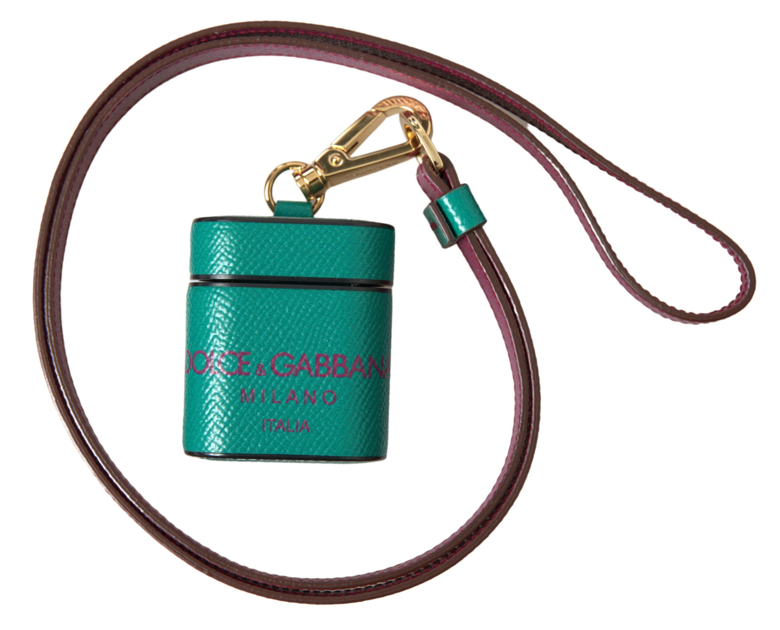 Estuche para AirPods con correa de piel de becerro verde y marrón castaño de Dolce & Gabbana con estampado del logotipo-5
