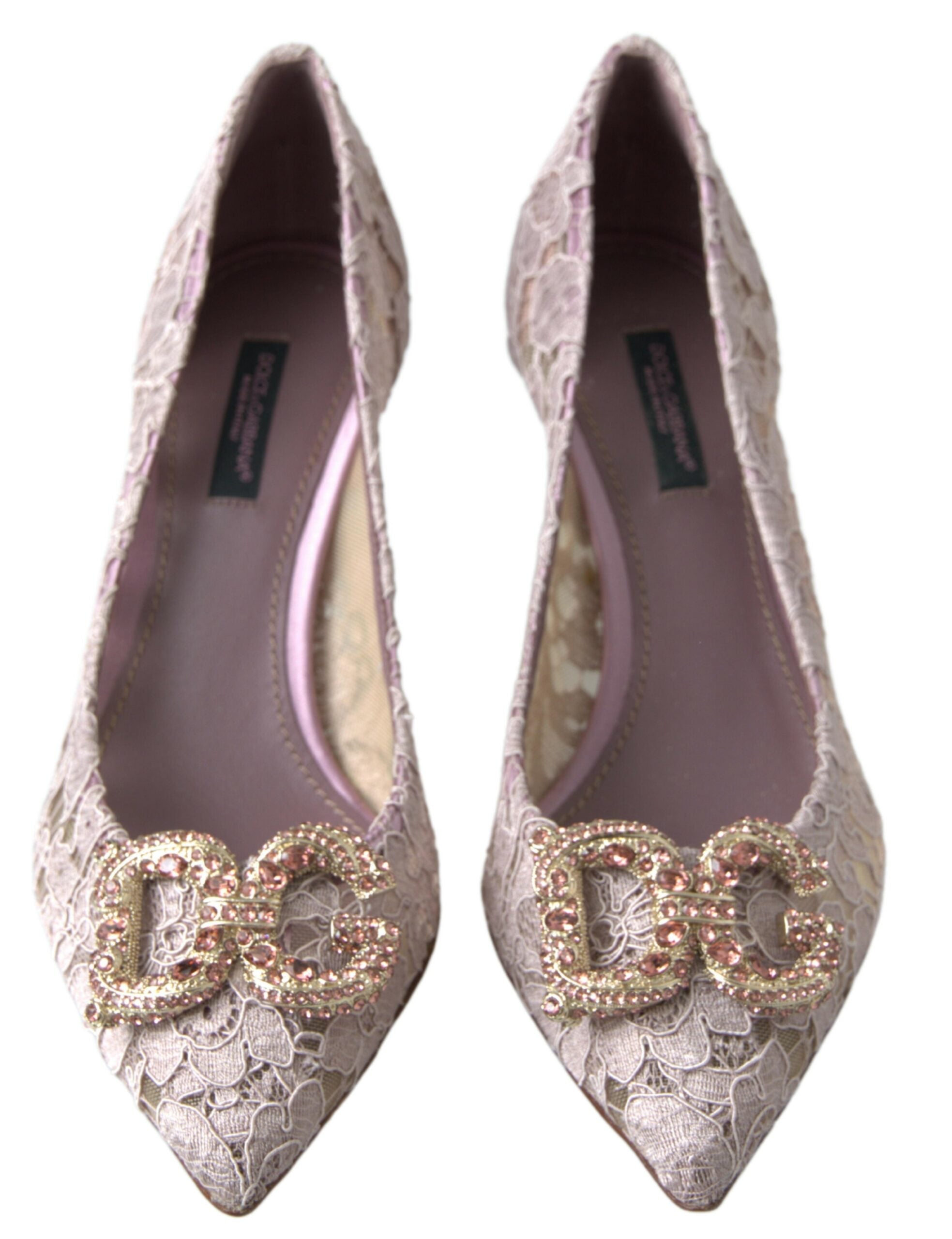 Dolce & Gabbana Pink Floral Lace DG Crystal Pumps Shoes-5