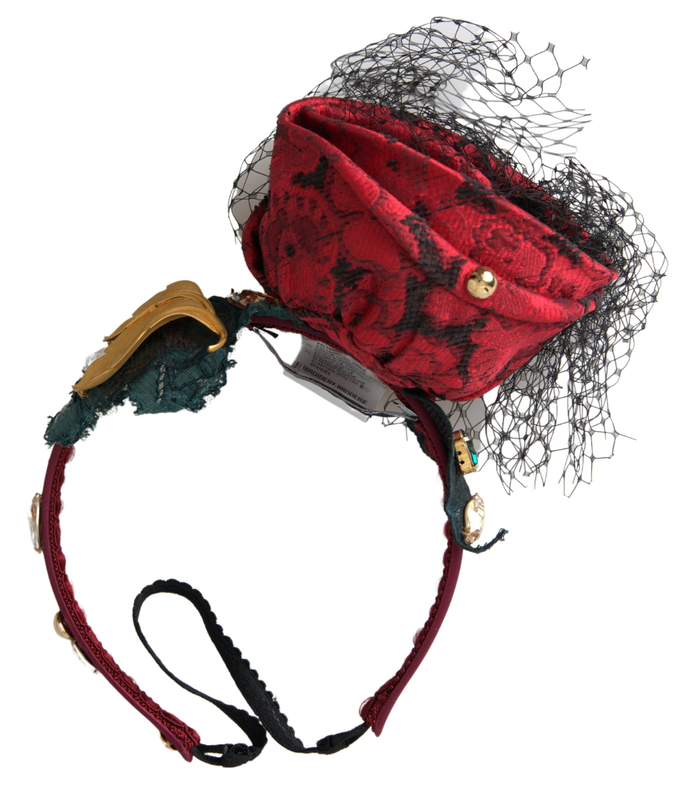 Dolce & Gabbana Red with Multicolored Rose Silk Crystal Netted Logo Tiara Headband
