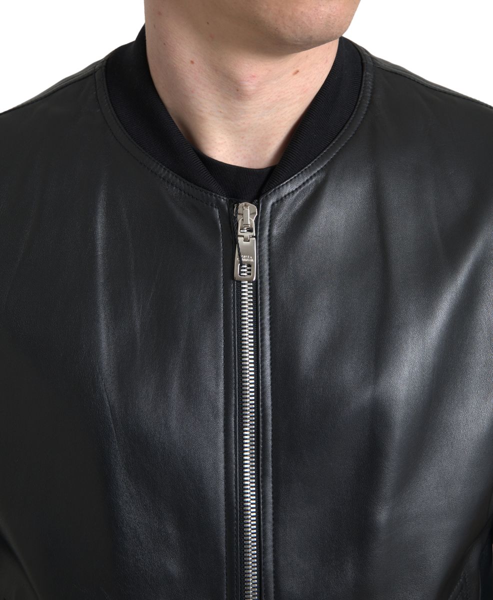 Dolce & Gabbana Black Leather Bomber Jacket with Zip for Men-2