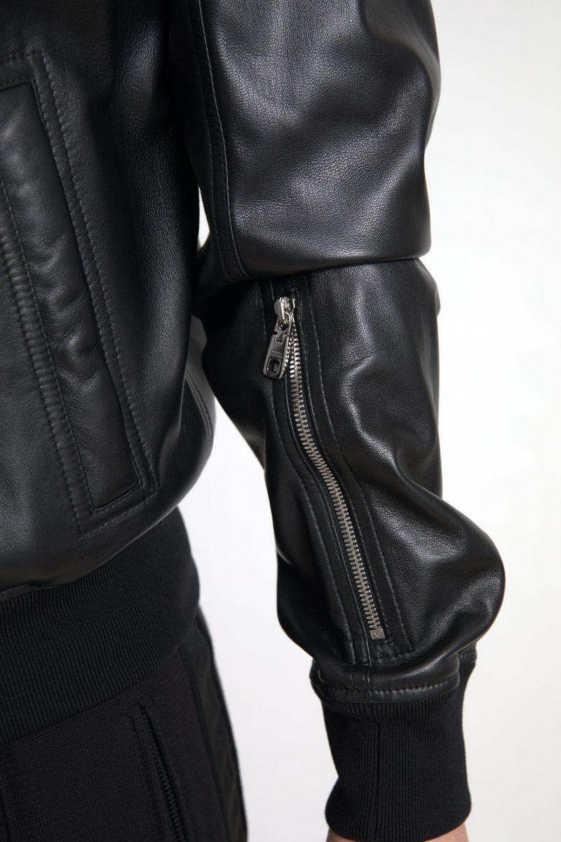 Dolce & Gabbana Black Leather Bomber Jacket with Zip for Men-3