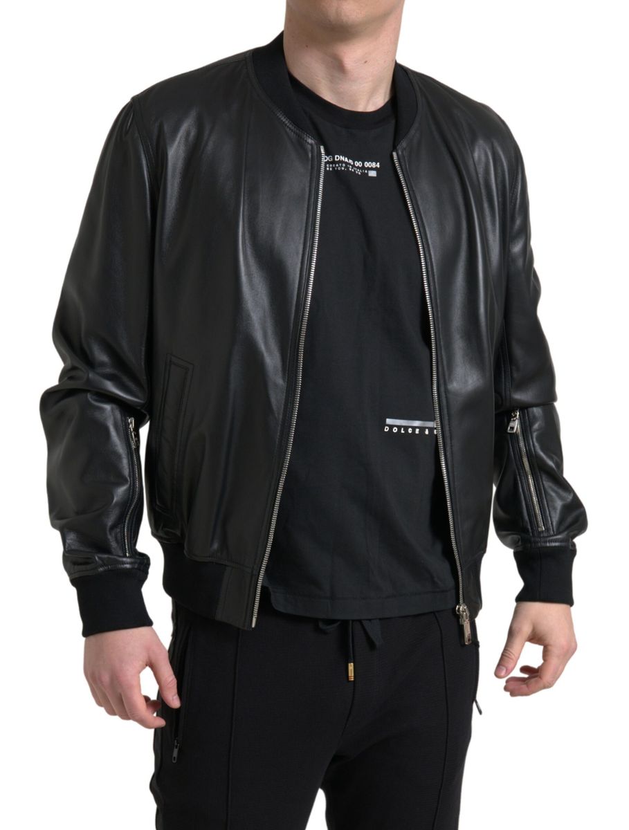Dolce & Gabbana Black Leather Bomber Jacket with Zip for Men-4