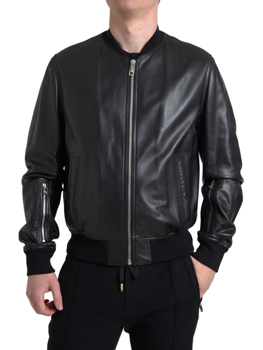 Dolce & Gabbana Black Leather Bomber Jacket with Zip for Men