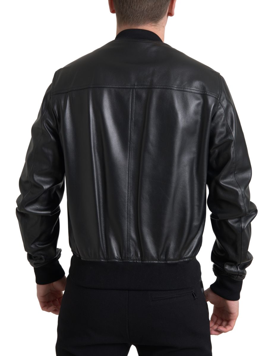 Dolce & Gabbana Black Leather Bomber Jacket with Zip for Men-5