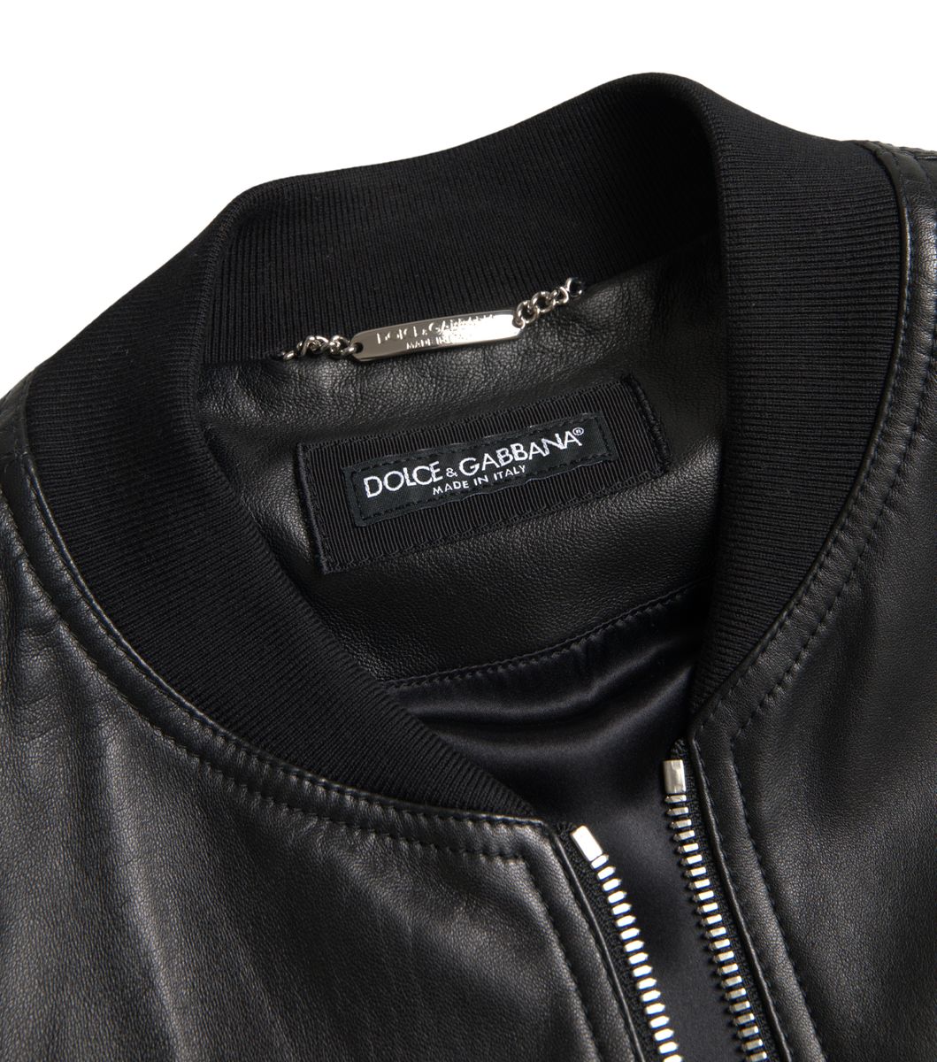 Dolce & Gabbana Black Leather Bomber Jacket with Zip for Men-6