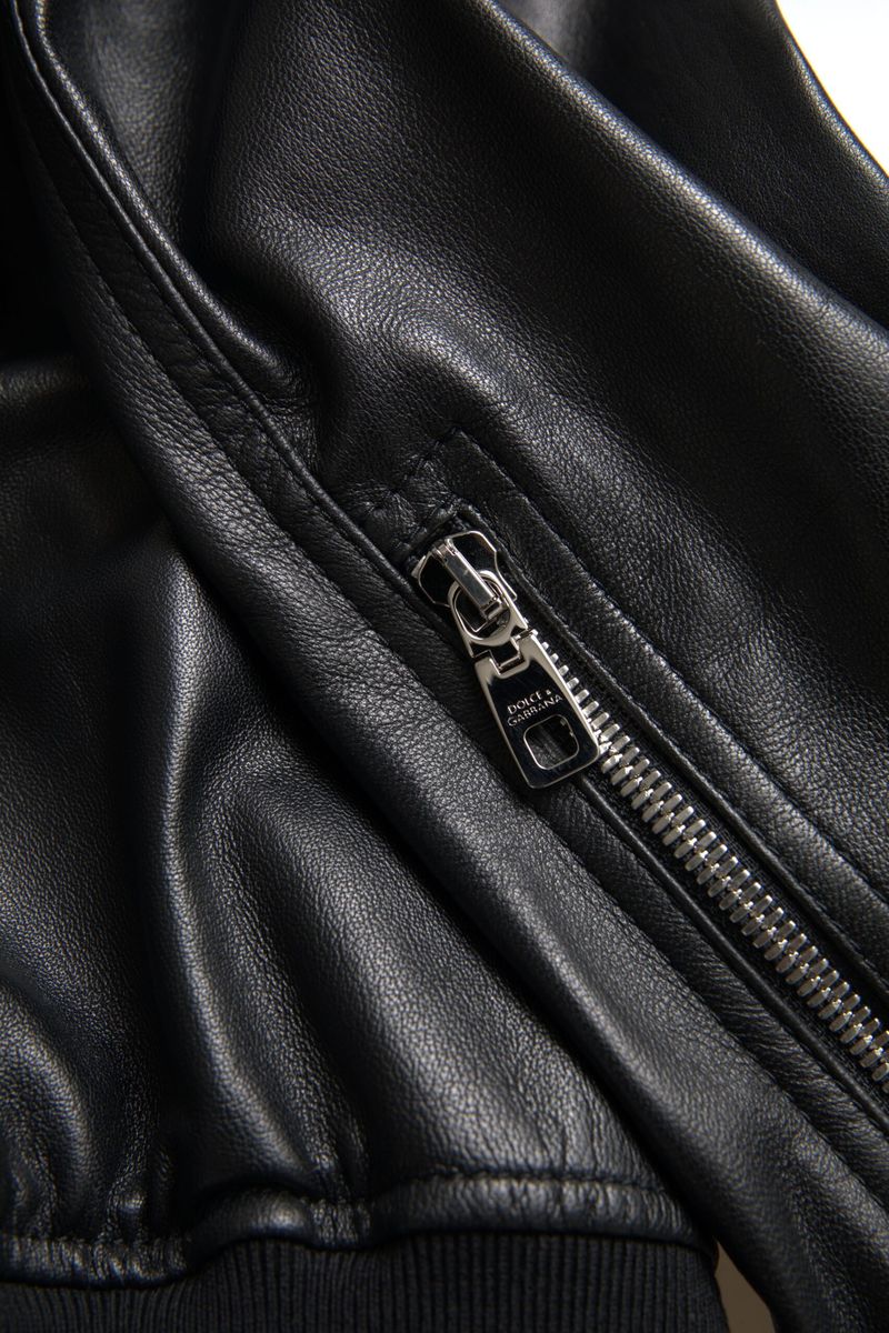 Dolce & Gabbana Black Leather Bomber Jacket with Zip for Men-7