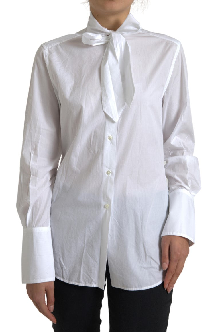 Dolce & Gabbana white cotton top with ascot collar and long sleeves-1