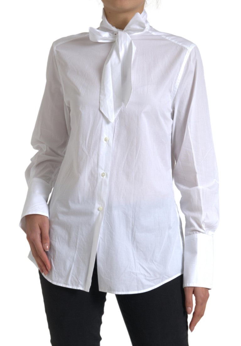 Dolce & Gabbana white cotton top with ascot collar and long sleeves-2