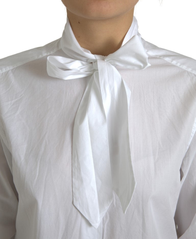 Dolce & Gabbana white cotton top with ascot collar and long sleeves-4