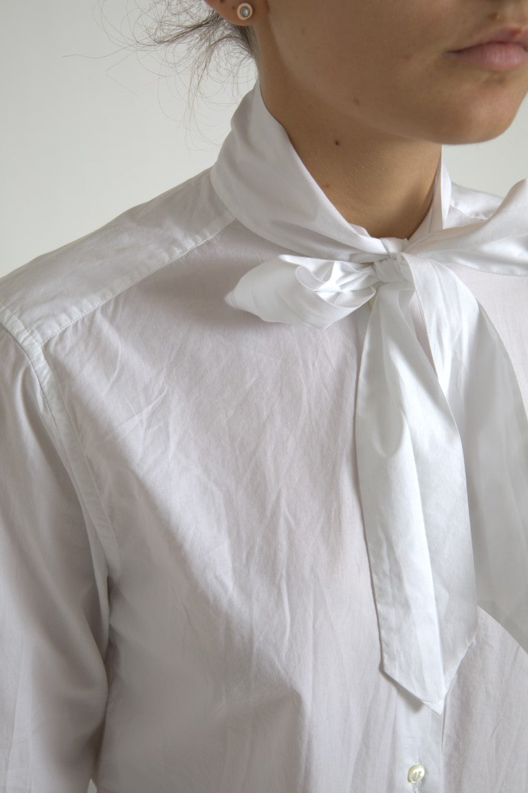 Dolce & Gabbana white cotton top with ascot collar and long sleeves-5