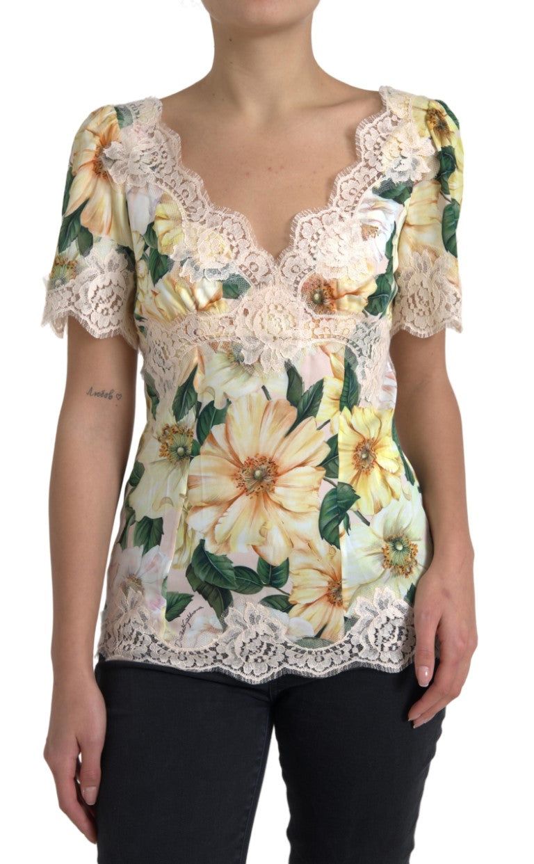 Dolce & Gabbana Multicolor Floral Lace V-Neck Blouse