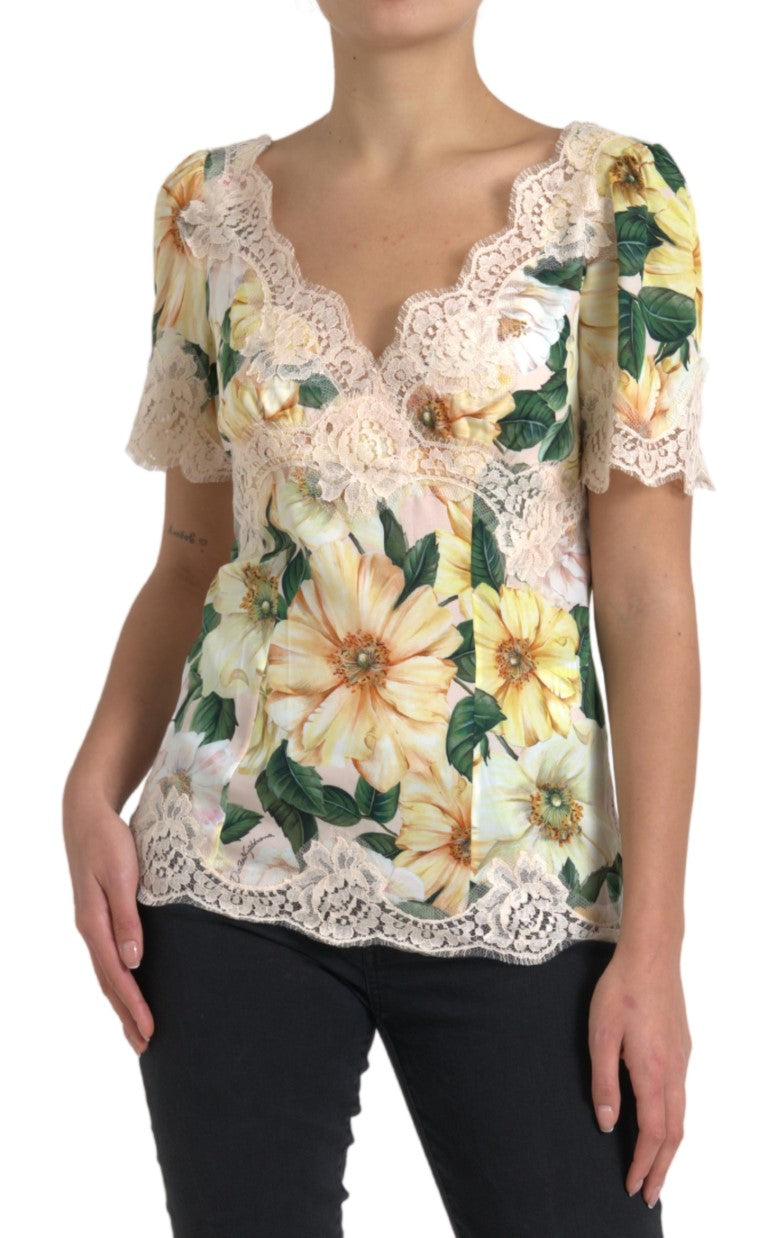 Dolce & Gabbana Multicolor Floral Lace V-Neck Blouse-5