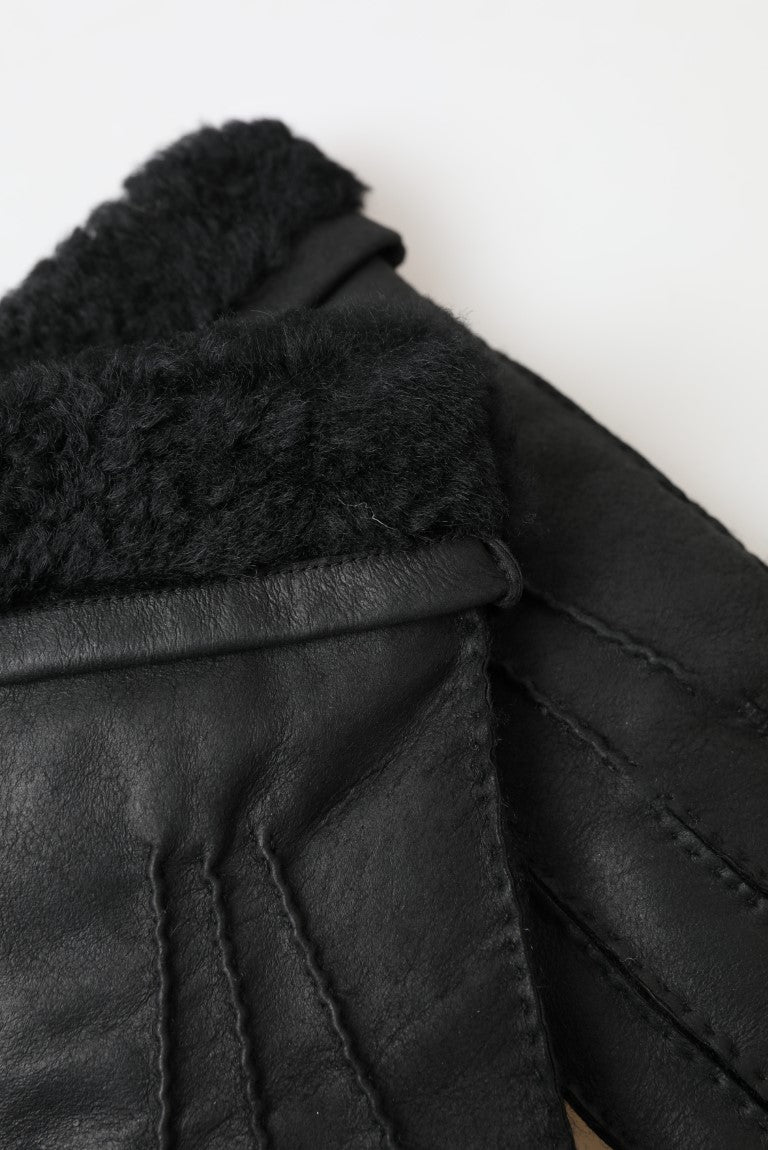 Dolce & Gabbana Schwarzes Leder Fell Kurze Hände Fäustlinge Männer Handschuhe-5