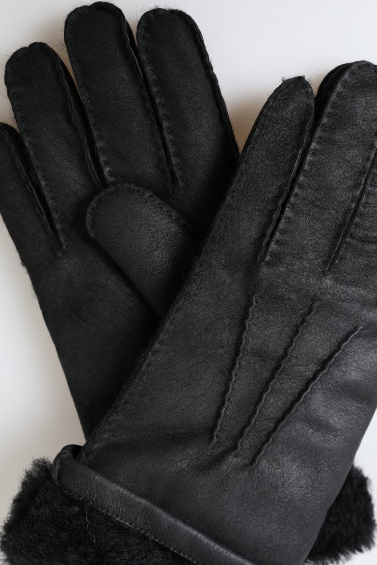 Dolce & Gabbana Schwarzes Leder Fell Kurze Hände Fäustlinge Männer Handschuhe-4